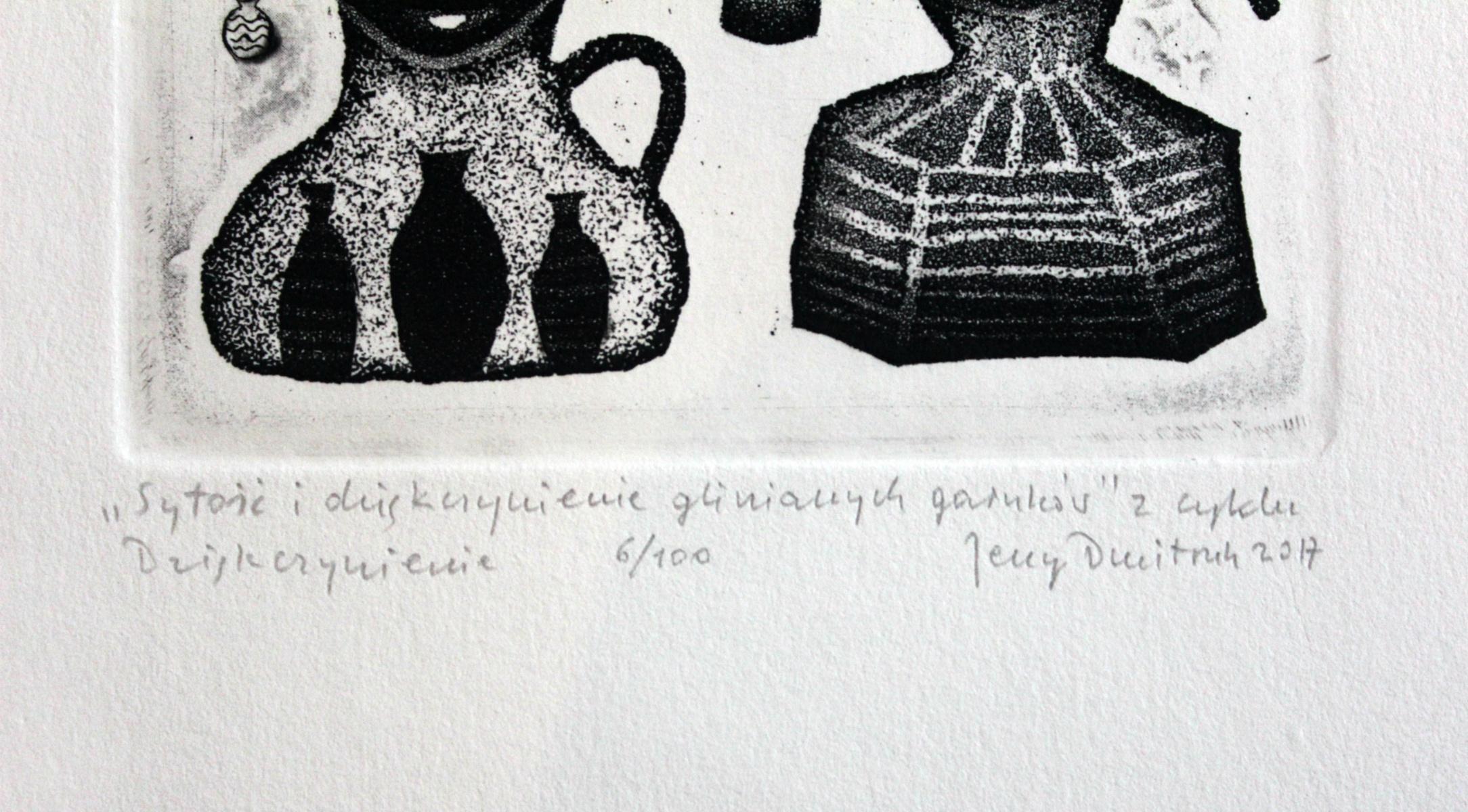 Satiety and thanksgiving of clay pots - XXI century, Black and white etching - Gray Figurative Print by Jerzy Dmitruk