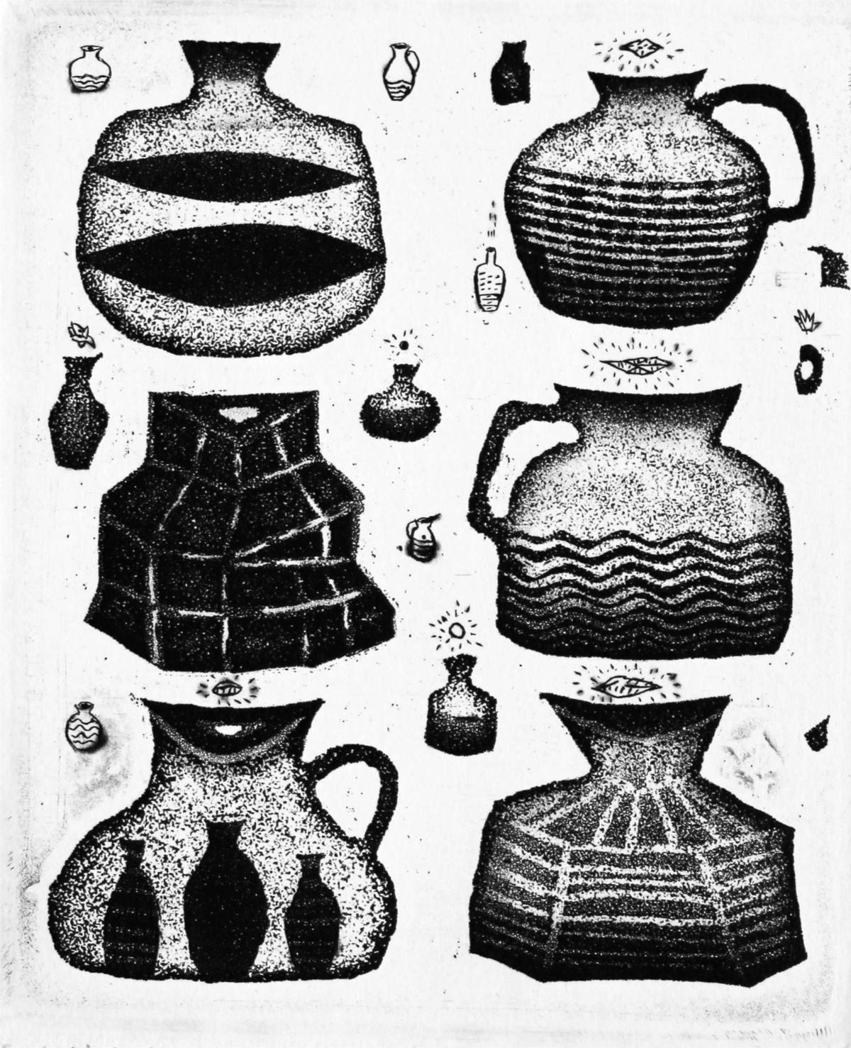Jerzy Dmitruk Figurative Print - Satiety and thanksgiving of clay pots - XXI century, Black and white etching