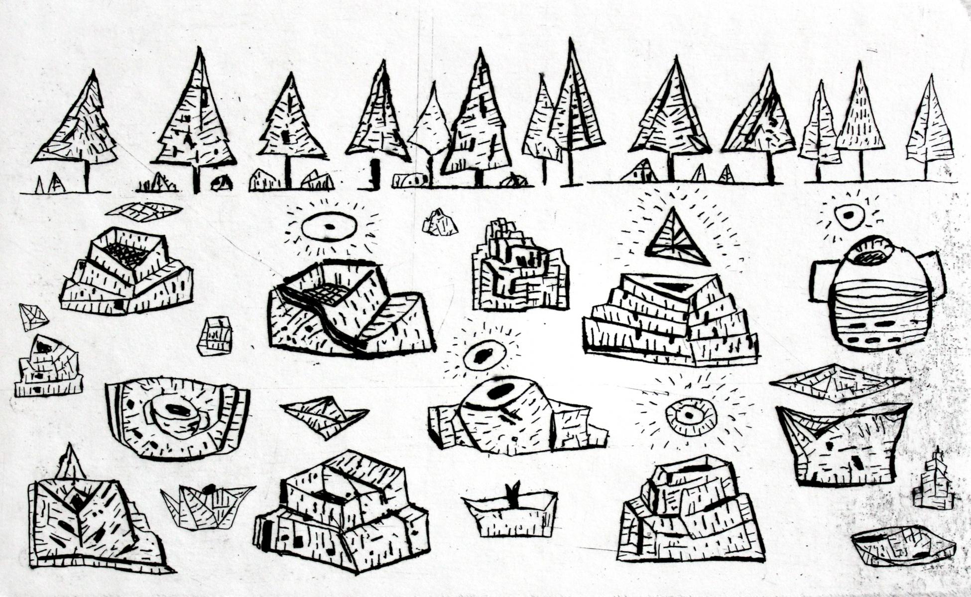 Figurative Print de Jerzy Dmitruk - El nacimiento de las fuentes en un bosque de coníferas - Siglo XXI, Impresión en blanco y negro