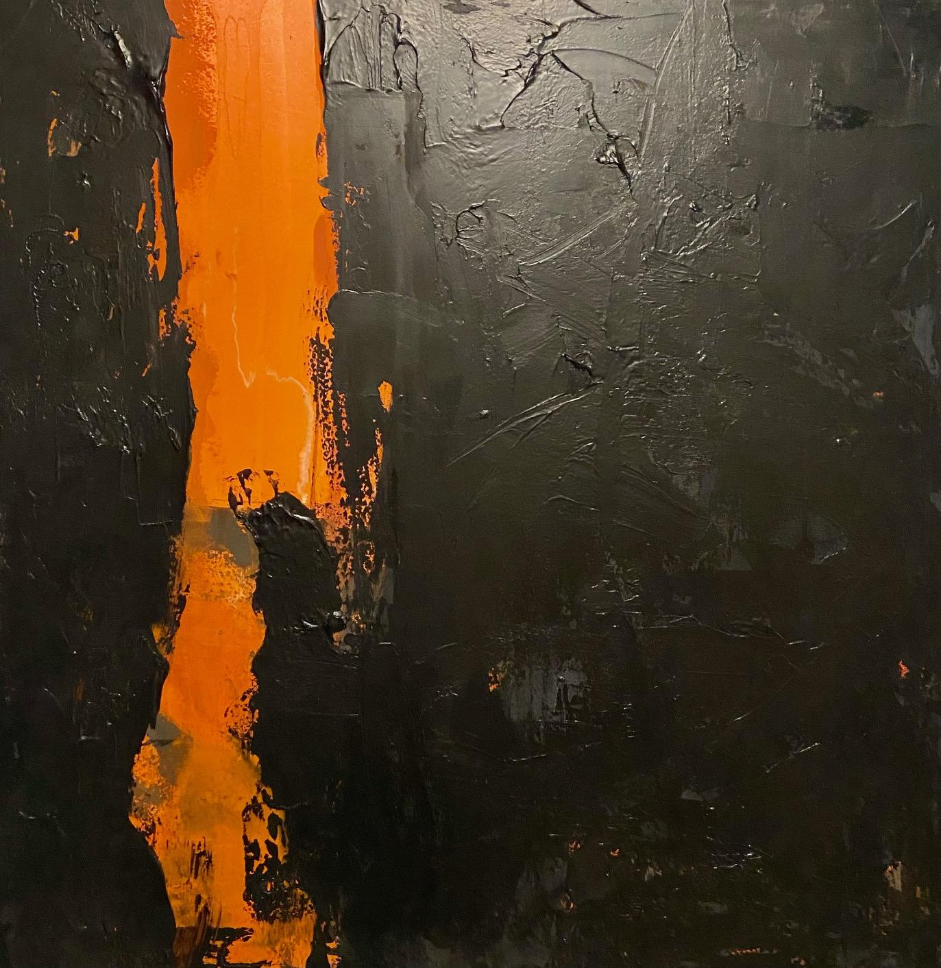 Jerzy Kubina Figurative Painting - Fiery River Black Orange Abstract 