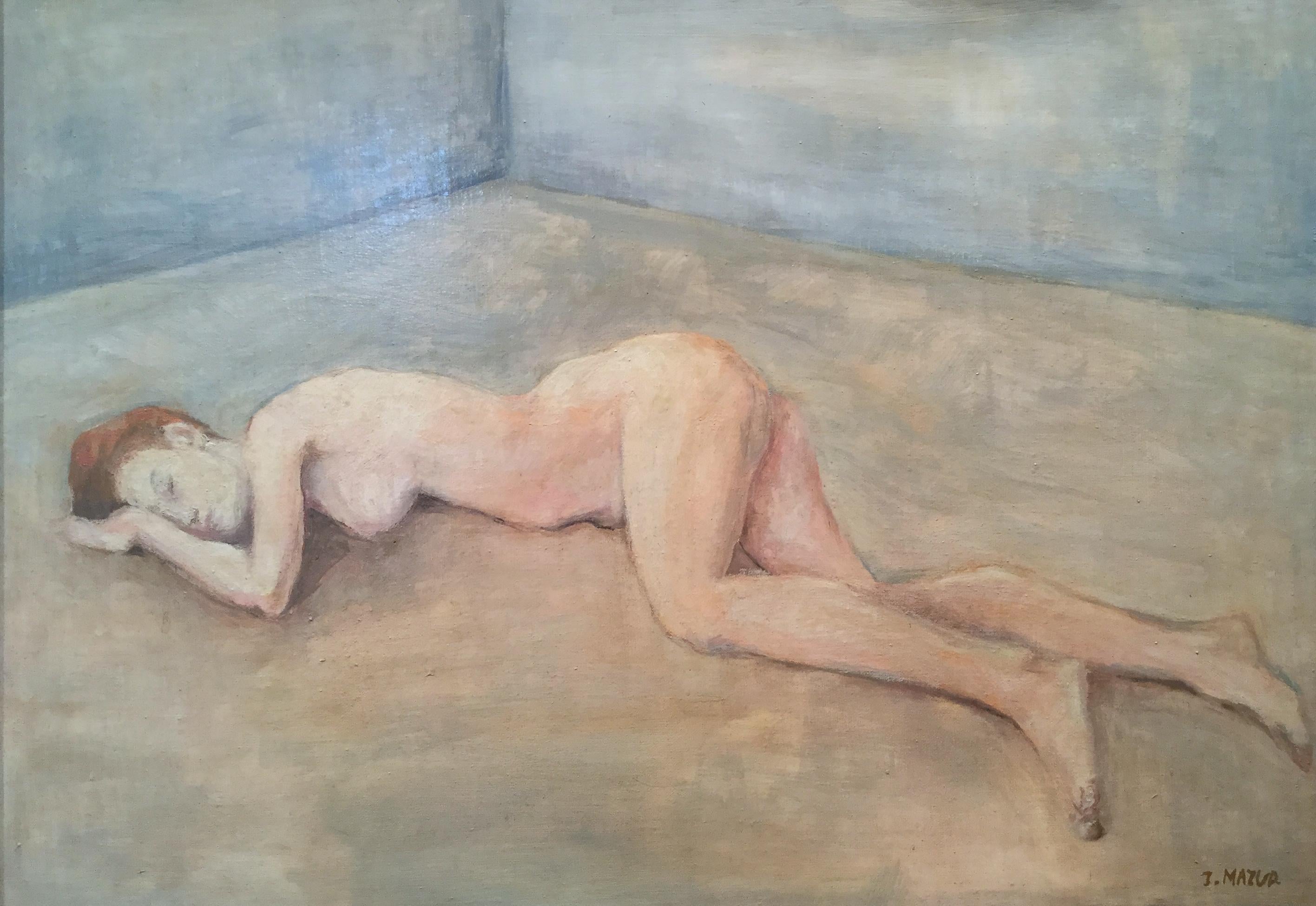 Mujer desnuda tumbada - Pintura al óleo atmosférica, colores pastel suaves - Painting de Jerzy Mazur