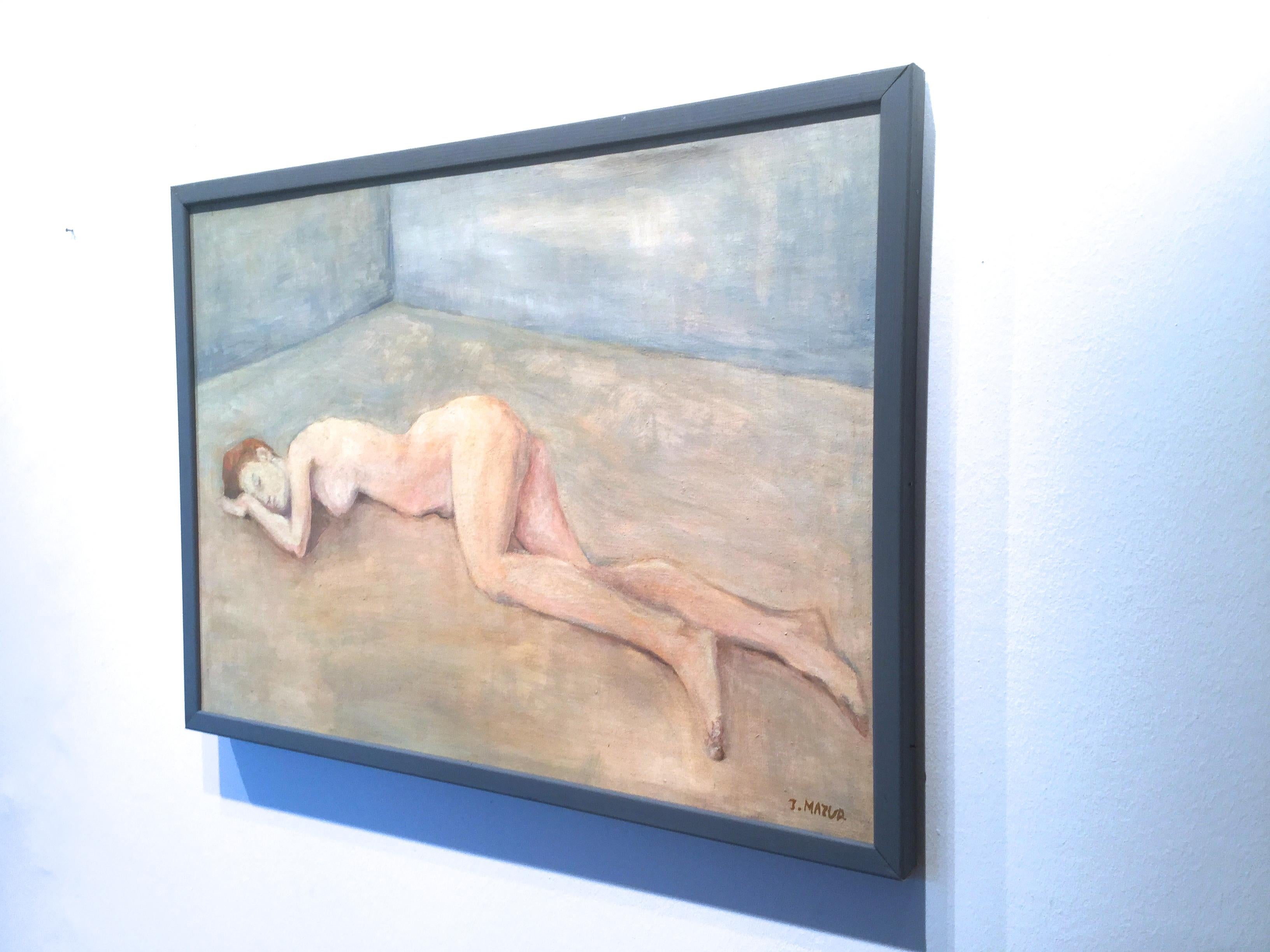Mujer desnuda tumbada - Pintura al óleo atmosférica, colores pastel suaves - Painting Contemporáneo de Jerzy Mazur
