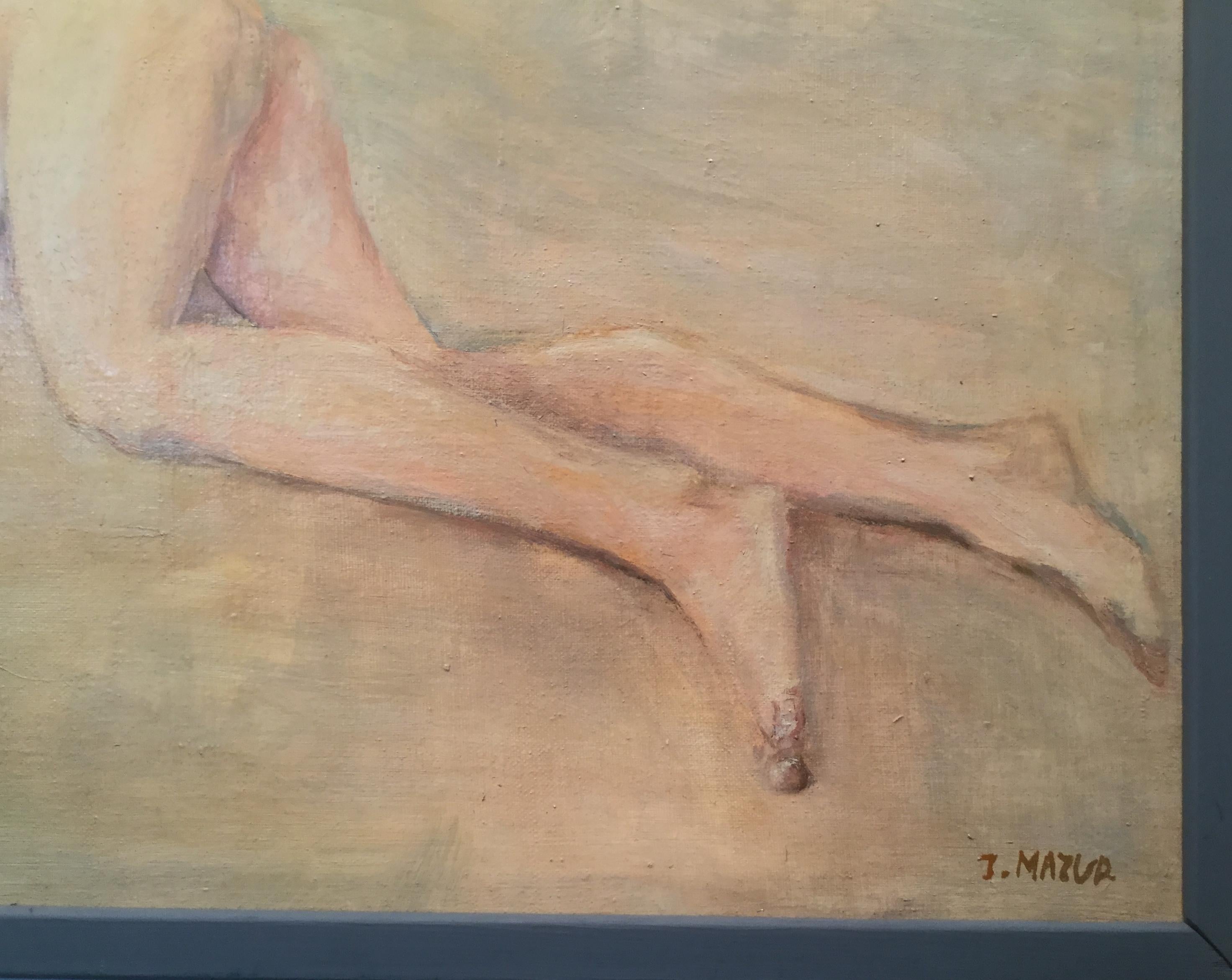 Nude Lying Woman - Atmospheric Oil Painting, Soft Pastel Colors - Gray Nude Painting by Jerzy Mazur