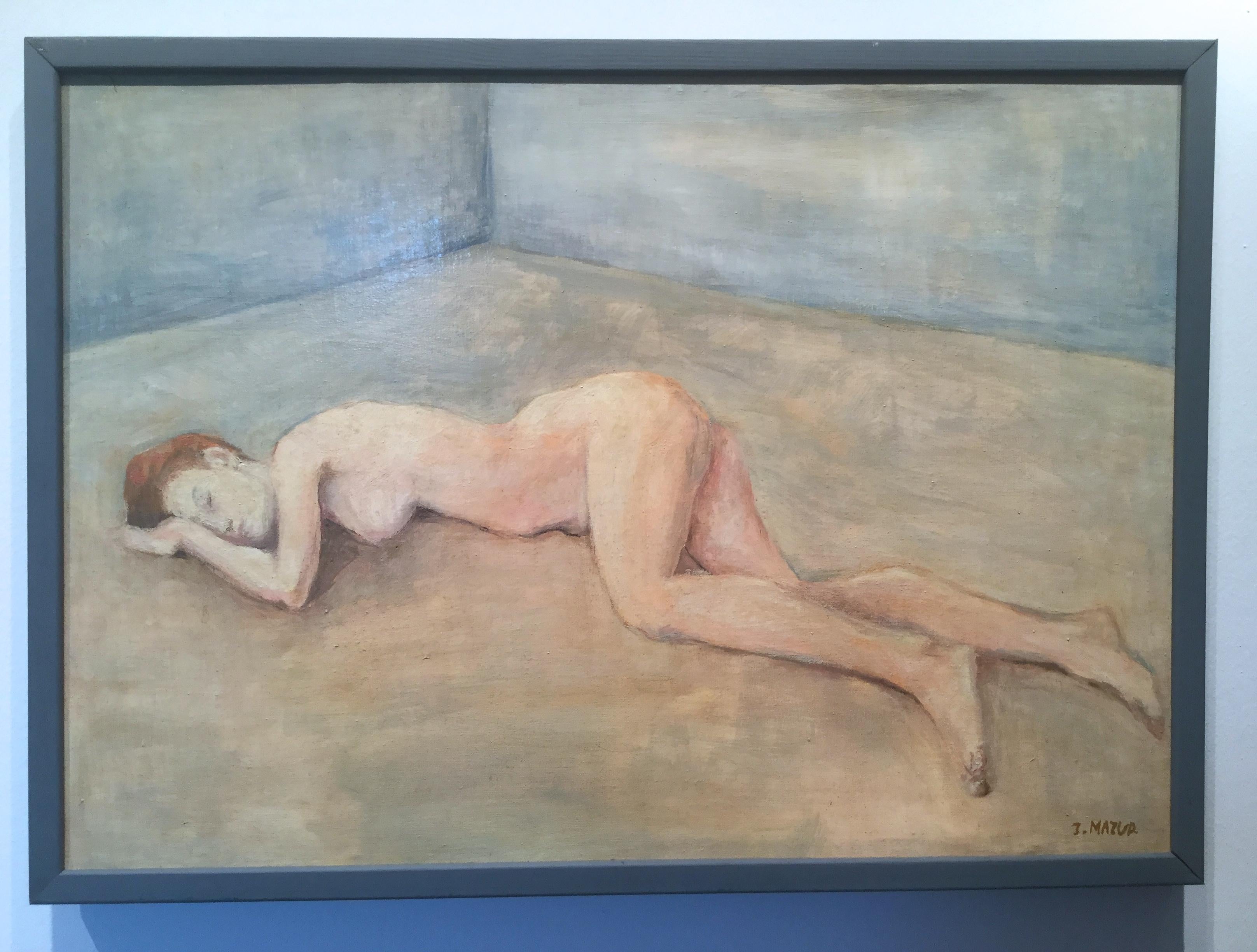 Nude Lying Woman - Atmospheric Oil Painting, Soft Pastel Colors