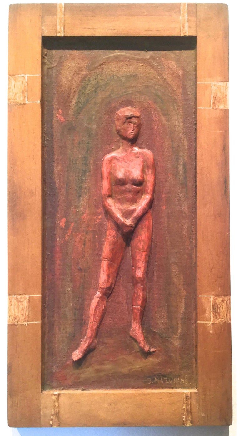 The relief sculpture is framed. The visible jumps on the legs were intentional and existed from the start, because the artist was inspired by ancient Etruscan art. 

Jerzy Mazur was born in Kołobrzeg in 1964. He graduated from the State College of
