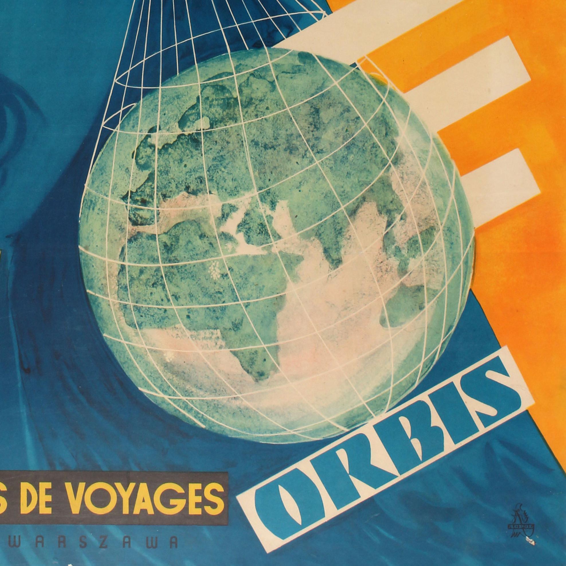 Original vintage advertising poster for the Polish travel agency Orbis Bureau Polonais de Voyages featuring a fun design showing a smiling lady in a blue coat and striped scarf carrying a net bag with a blue globe of the world as the Orbis logo set