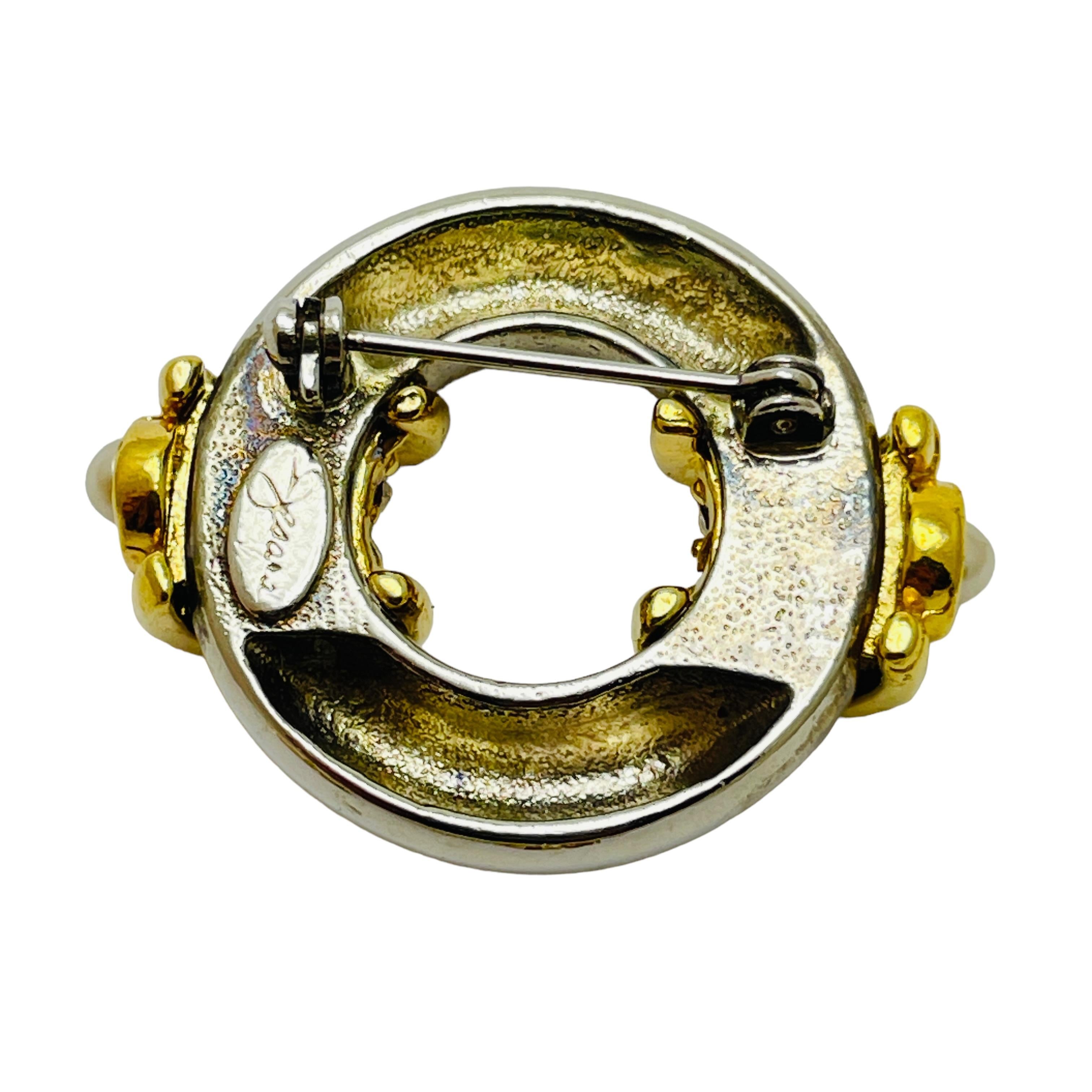 JESARA signed silver gold tone faux pearl designer brooch In Good Condition In Palos Hills, IL