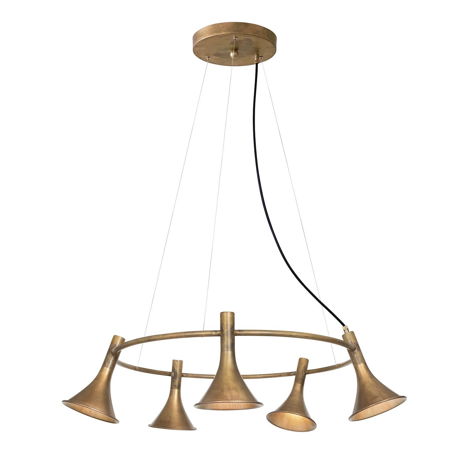 Jesper Ståhl Megafon 5 Round Raw Brass Ceiling Lamp by Konsthantverk In New Condition For Sale In Barcelona, Barcelona