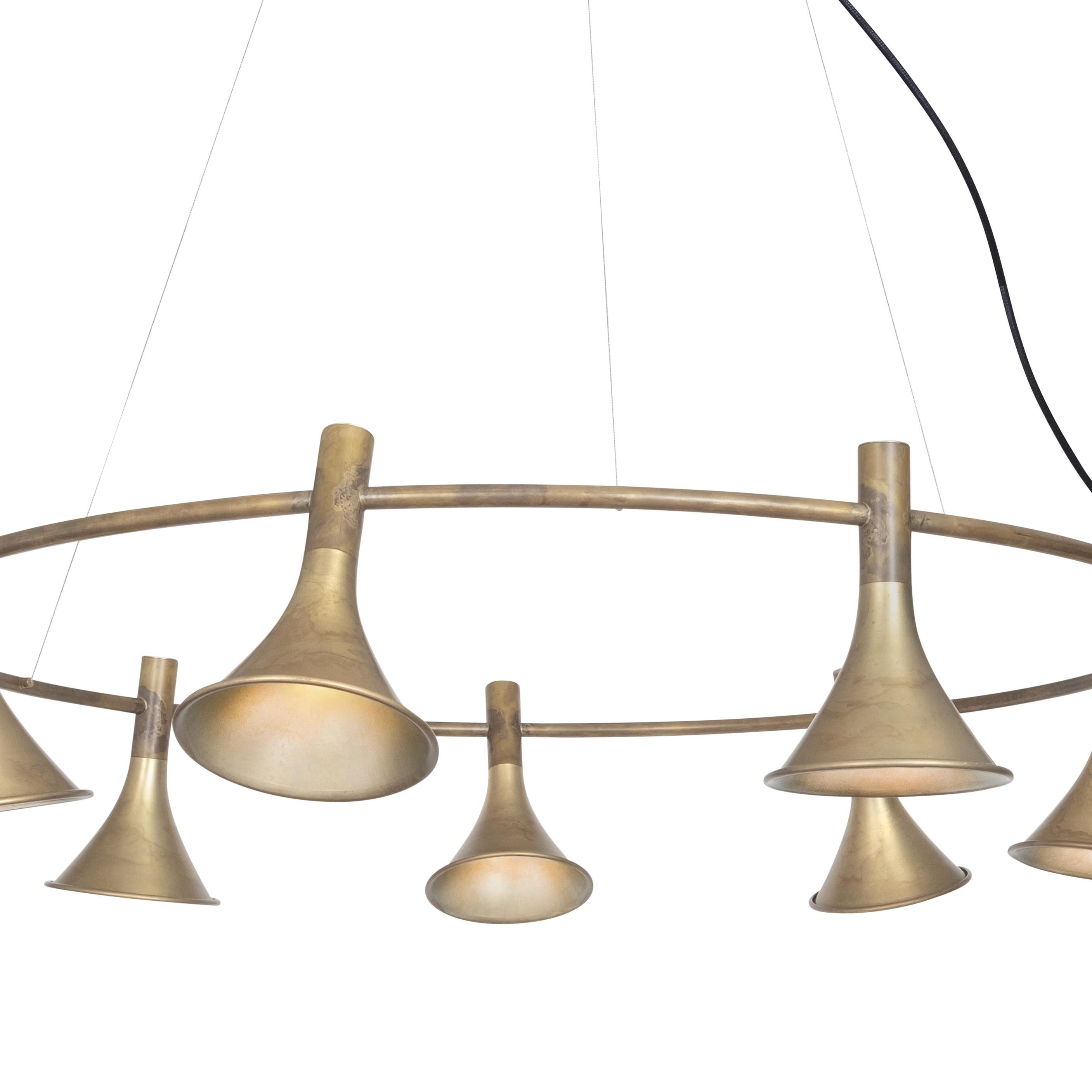 Swedish Jesper Ståhl Megafon 9 Round Raw Brass Ceiling Lamp by Konsthantverk For Sale