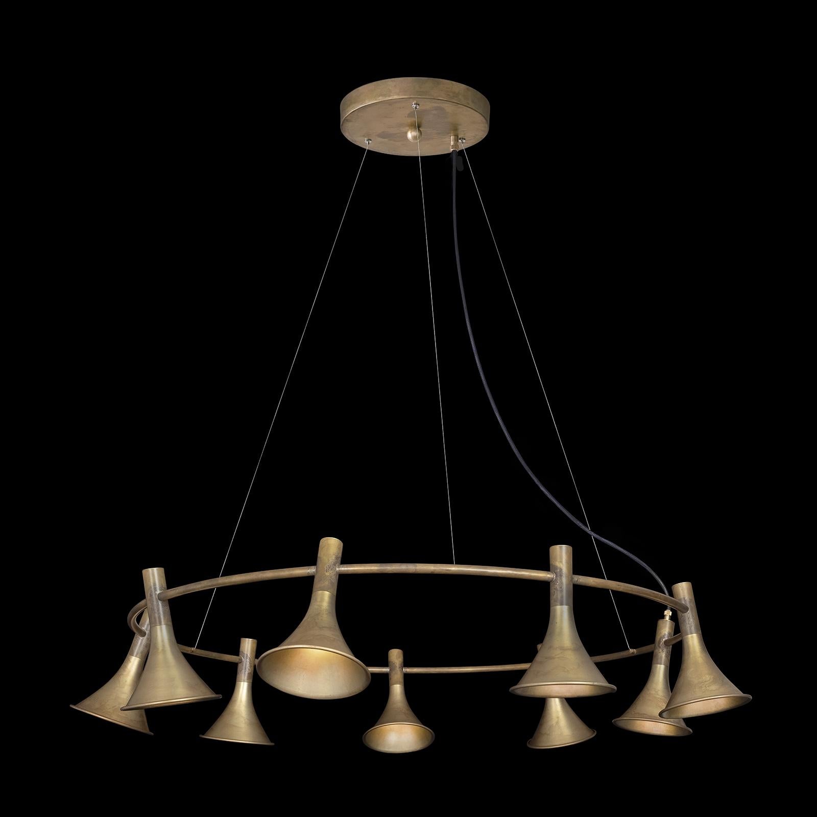 Jesper Ståhl Megafon 9 Round Raw Brass Ceiling Lamp by Konsthantverk In New Condition For Sale In Barcelona, Barcelona
