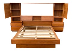 Jesper Teak Platform Queen Bed W/ Cabinet Headboard Shelving Unit