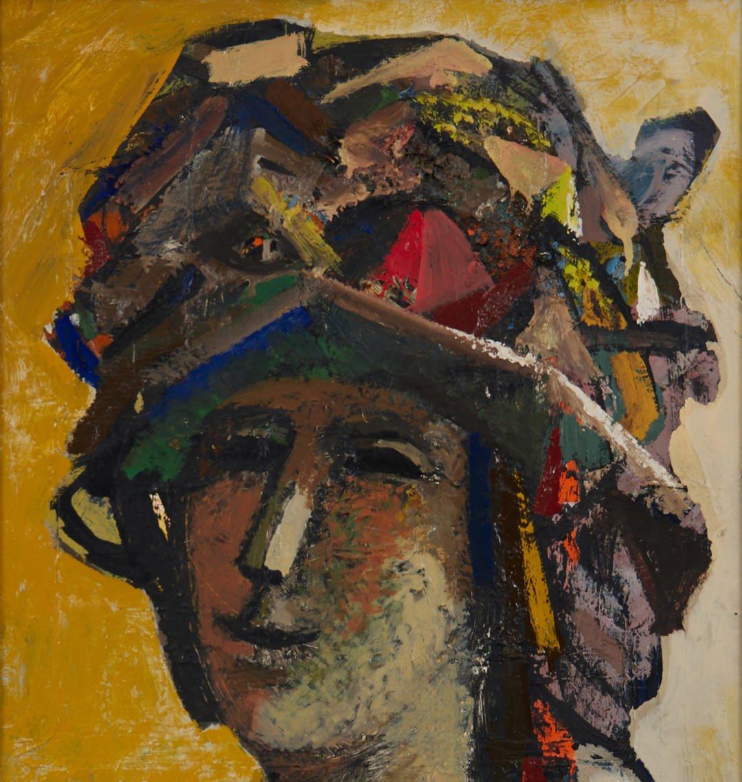 Femme au Chapeau, 20th Century Portrait, Figurative Painting of a Woman w/ Hat For Sale 1