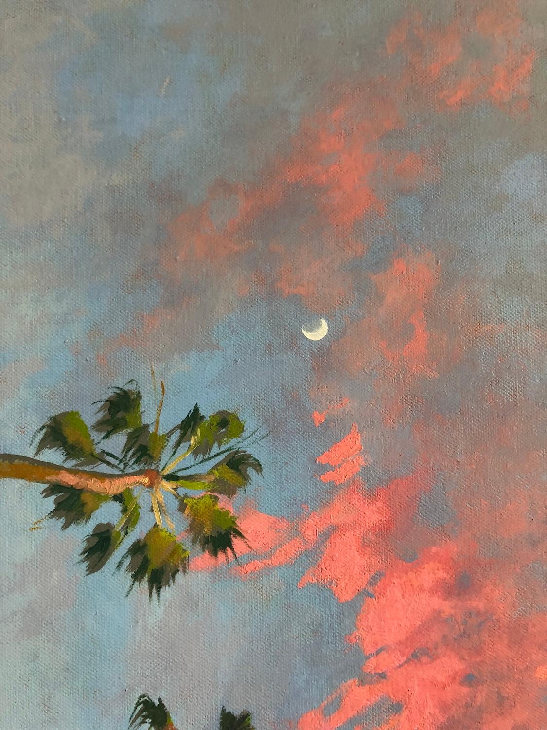 <p>Commenti dell'artista<br>Il cielo è pieno di nuvole rosse e rosa, che evocano un senso di meraviglia. La composizione manipola abilmente la scala, ritraendo palme torreggianti che assomigliano a giocattoli in un acquario