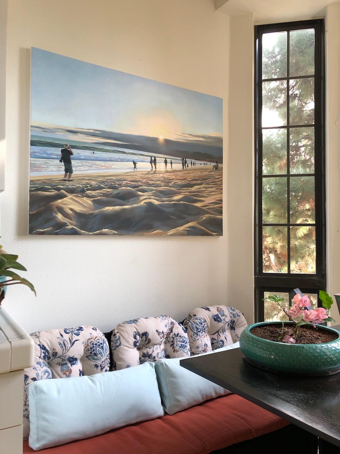 <p>Artist Comments<br />In this painting, the artist documents a familiar subject on the shore along Santa Monica Bay. On this canvas, however, Jesse also illustrates the many ways other visitors to the beach recorded and experienced the same sunset