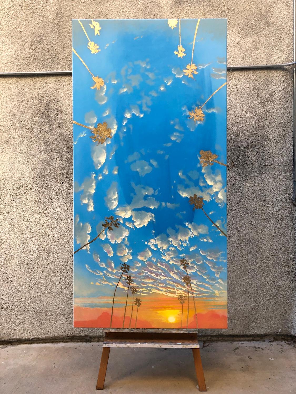<p>Artist Comments<br />Dawn's first rays bathe the Los Angeles skyline, casting a burnished glow over the iconic palm trees. Billowing clouds add a touch of softness to the scene. The metal leaf detailing on the trees reflects the light with a