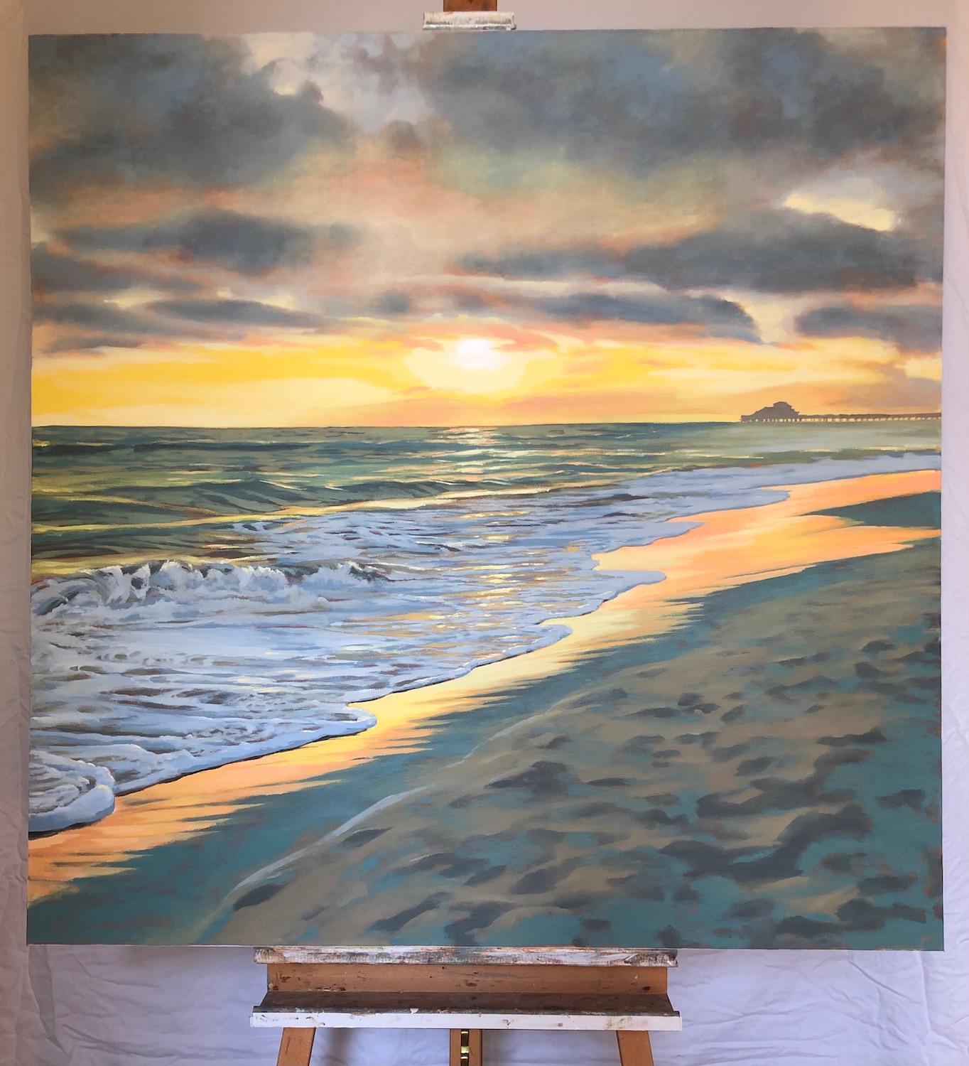 <p>Commentaires de l'artiste<br>Les derniers rayons du soleil apparaissent dans le saisissant paysage marin réaliste de l'artiste Jesse Aldana. Il capture l'éclair vert, un moment notoirement éphémère au coucher du soleil. Des vagues gracieuses