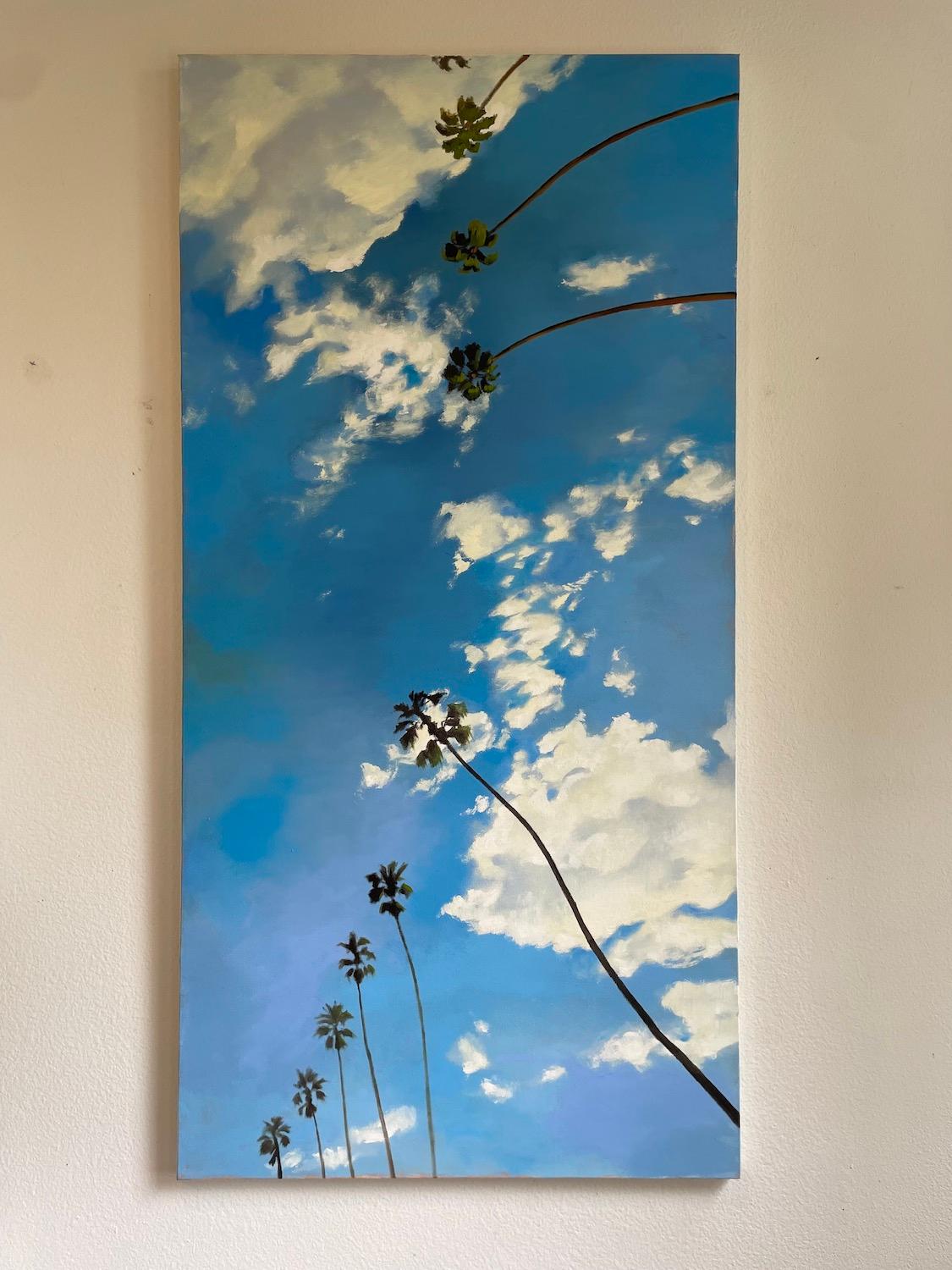 <p>Artist Comments<br>Artist Jesse Aldana presents a skyscape from a ground-level angle in realistic detail. White clouds, flattened in their haste, race across the sky. It leaves the palm trees that sway in their wake to wonder at their