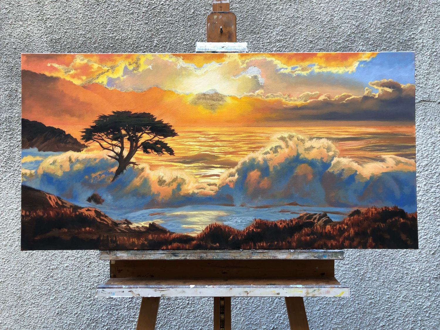 <p>Artist Comments<br />The setting sun casts a golden glow over the shore as a massive rogue wave crashes against a lone cypress, a striking contrast to the otherwise calm sea. Dark clouds gather on the horizon, signaling a winter storm rising from
