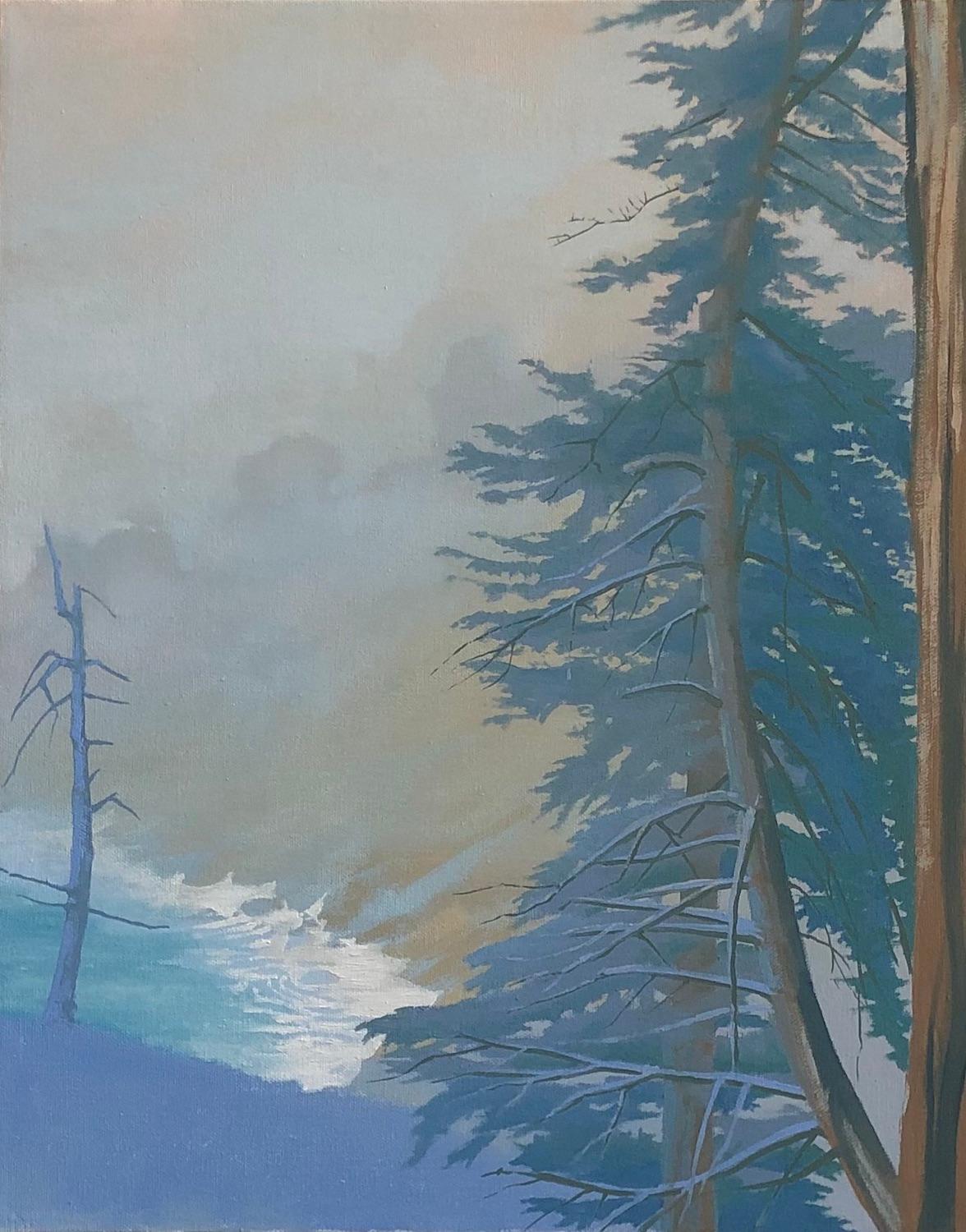 Redwoods on a Foggy Coast, Pittura a olio - Art di Jesse Aldana