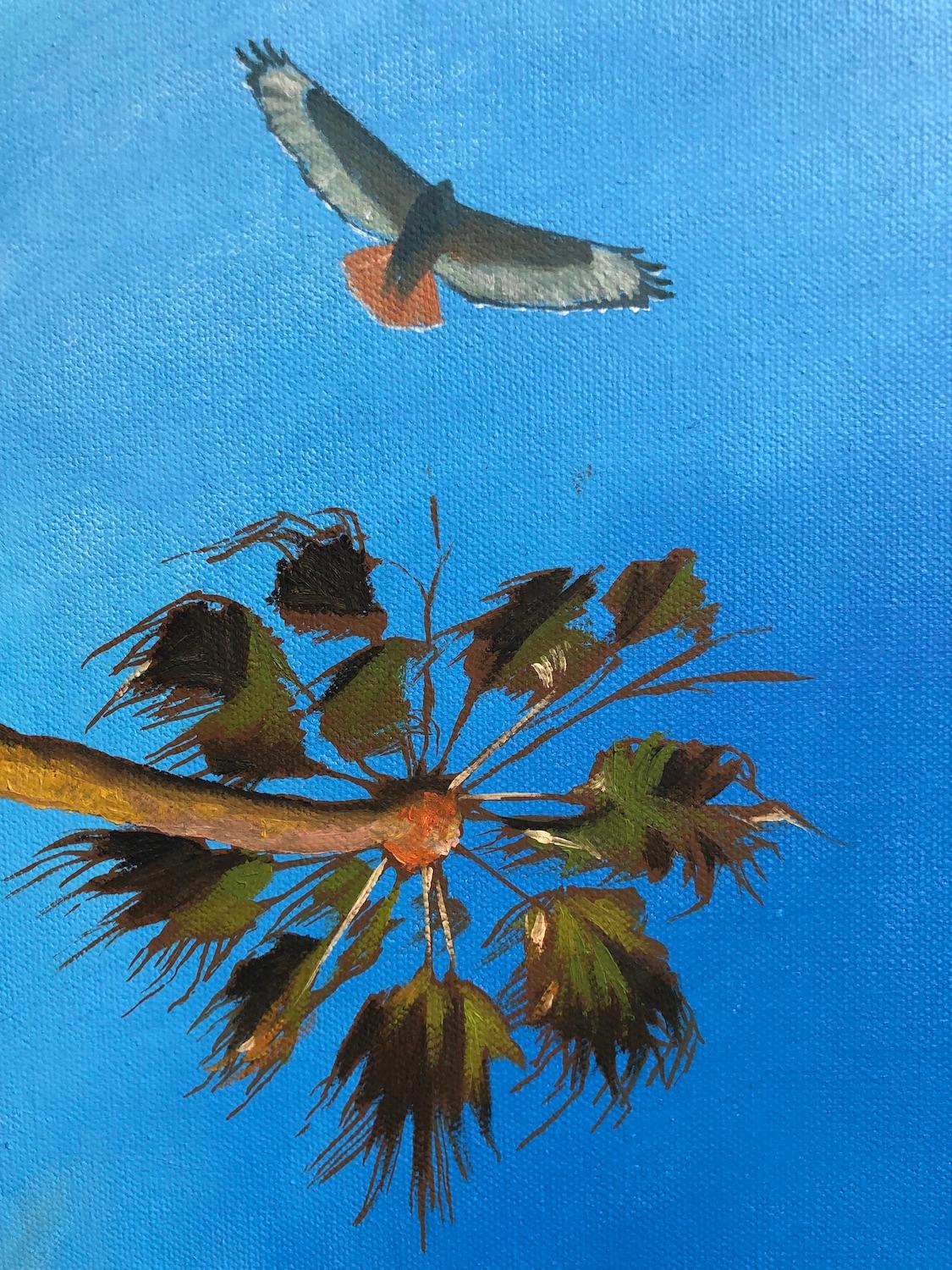 <p>Artist Comments<br />A lone red-tailed hawk floats between lofty palm trees and the moon. Wispy clouds drift across the sky, basking in the light from the setting sun. As the night approaches, a sense of silence and serenity wraps the