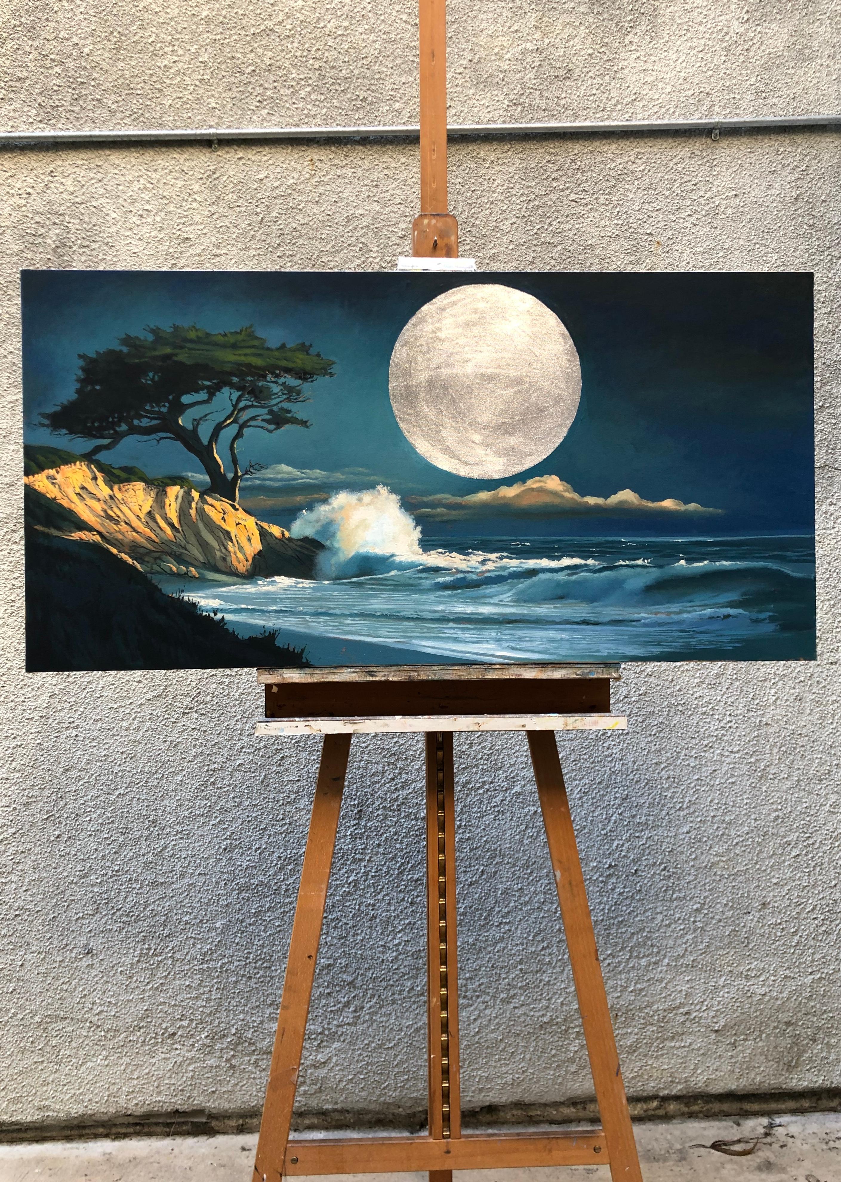 <p>Artist Comments<br />Waves crash against a rocky coastline under the glow of a luminous silver moon. A lone tree clings to the cliff's edge, defying the elements. The vibrant interplay of light and shadow accentuates the weathered rock, evoking