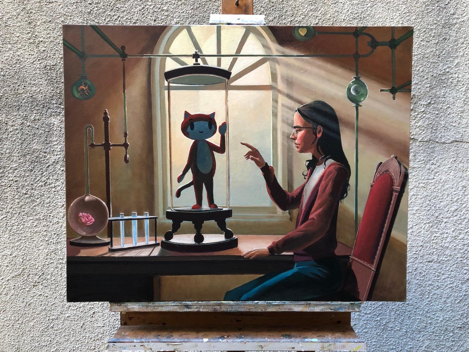 <p>Artist Comments<br />An alchemist sits in a dimly lit room, reaching out to a small, cat-like figure encased in glass. She examines her creation, while the creature mirrors her curiosity. Together, they embody a metaphor for our digital