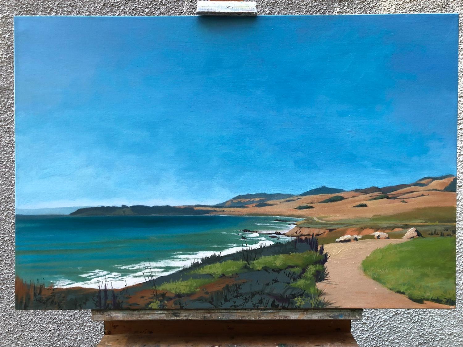 <p>Artist Comments<br />A bright blue sky stretches over a scalloped coastline. Safe in the rookery below the cliffs, elephant seals bask in the sun, their voices blending with the crashing waves. A hiking path curves along the vista, offering a