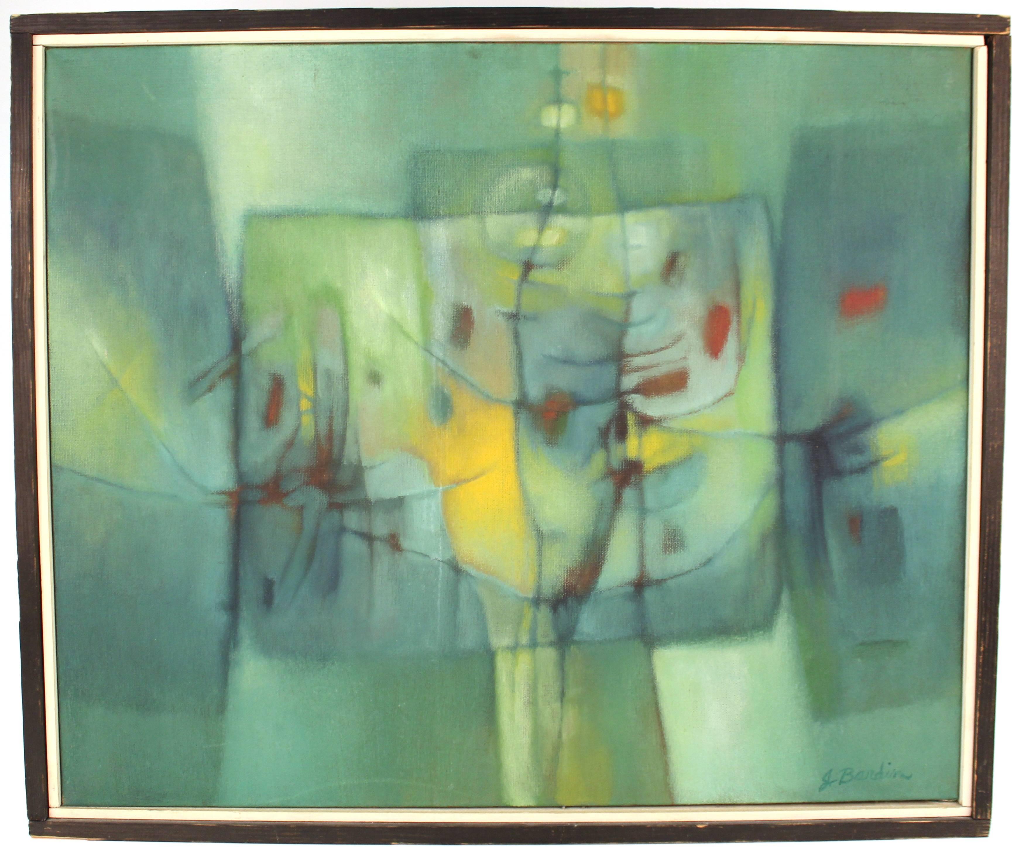 Acrylic on canvas modern painting titled 'Illuminated Journey' and created by Jesse Redwin Bardin in the 1960s. Bardin was a friend and contemporary of Jasper Johns. Both left South Carolina for New York City in the 1950s. The piece is in very good
