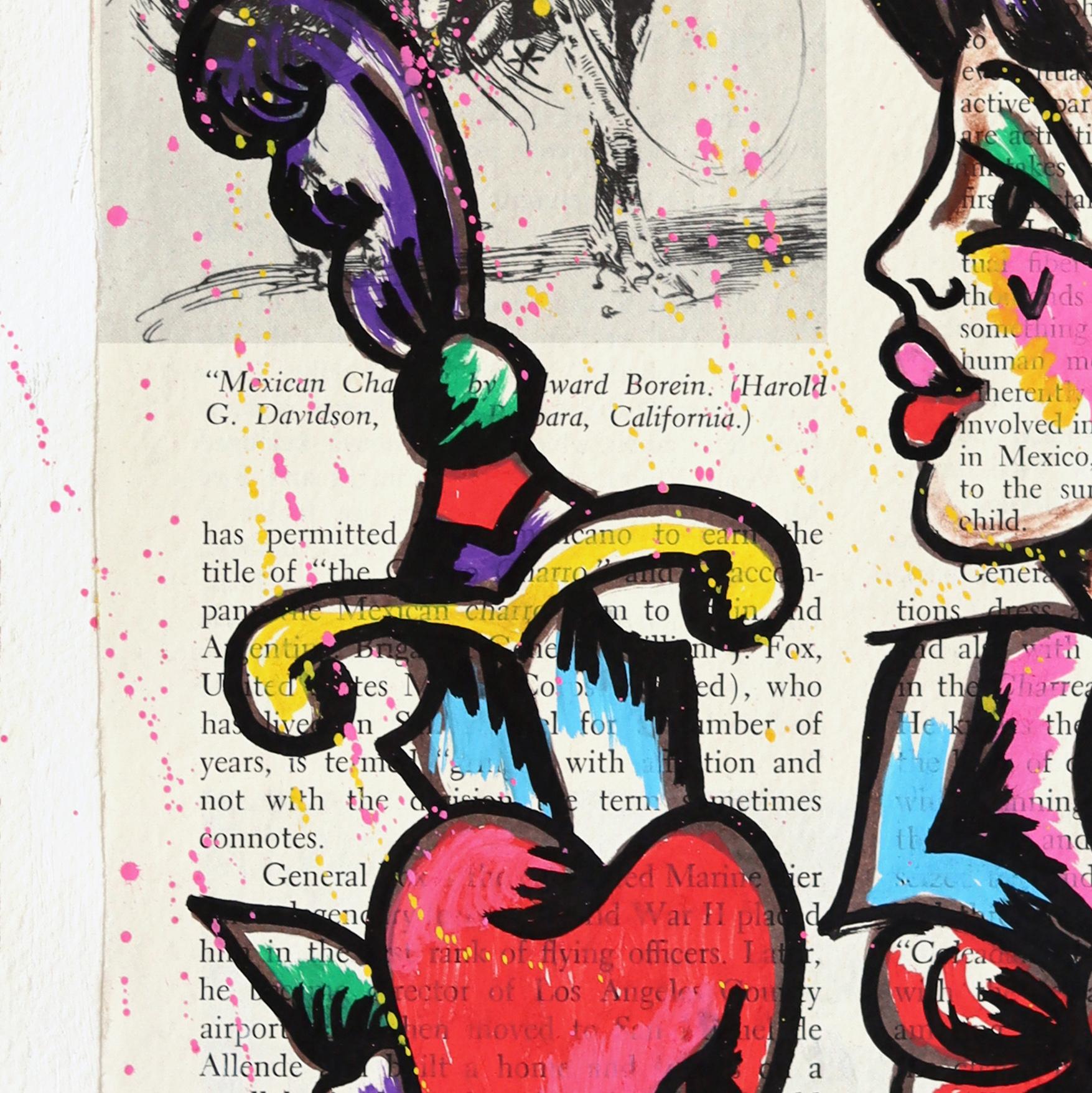 Amor Salvaje - Figurative Colorful Western Pinup Cowgirl Painting on Book Page - Contemporary Mixed Media Art by Jesse Black