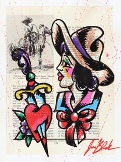 Amor Salvaje - Figurative Colorful Western Pinup Cowgirl Painting on Book Page