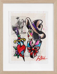 Amor Salvaje - Figurative Colorful Western Pinup Cowgirl Painting on Book Page