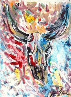 Bella Muerte - Abstract Colorful Animal Skull Still Life Painting on Paper