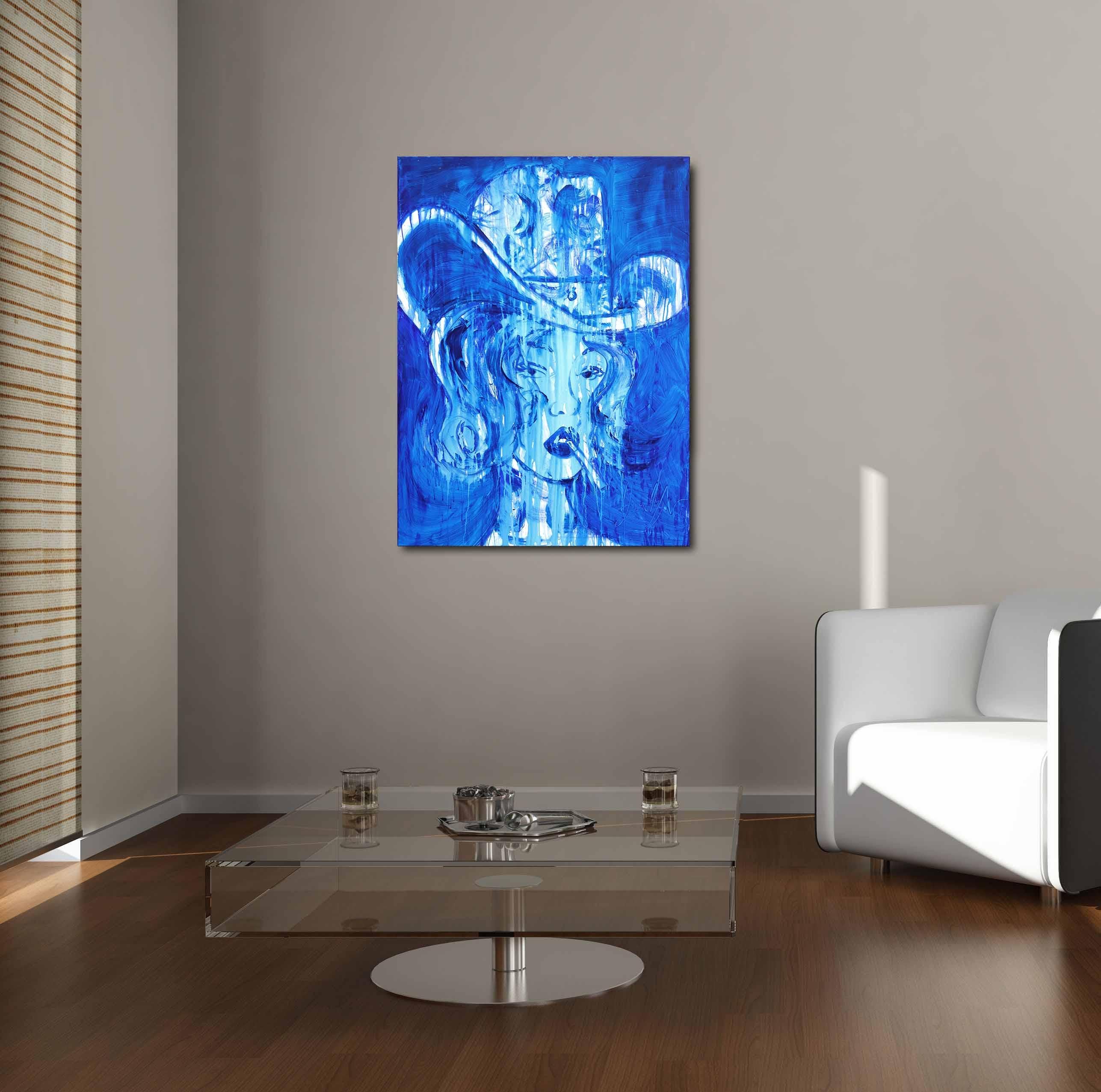 Blue Cowgirl - Abstract Figurative Pinup Western Inspired Painting on Canvas For Sale 4