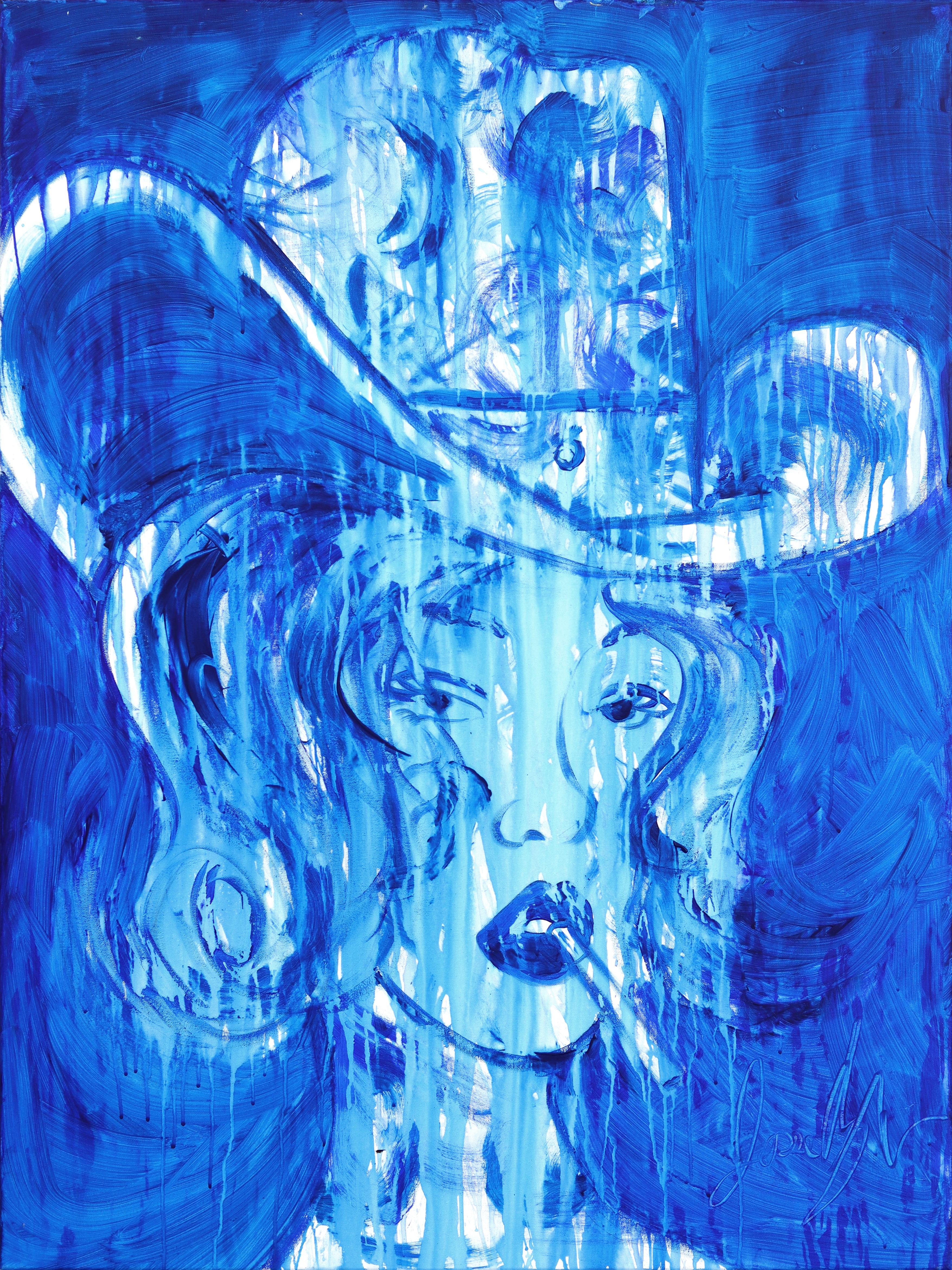 Jesse Black Portrait Painting - Blue Cowgirl - Abstract Figurative Pinup Western Inspired Painting on Canvas