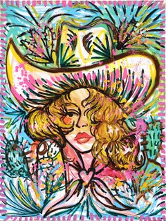 Cactus Queen - Abstract Feminine Figurative Pinup Cowgirl Painting on Canvas