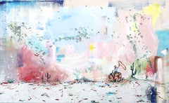 « Catching Sunsets » - Grande peinture sur toile représentant un cow-boy dans un paysage désertique haut en couleur