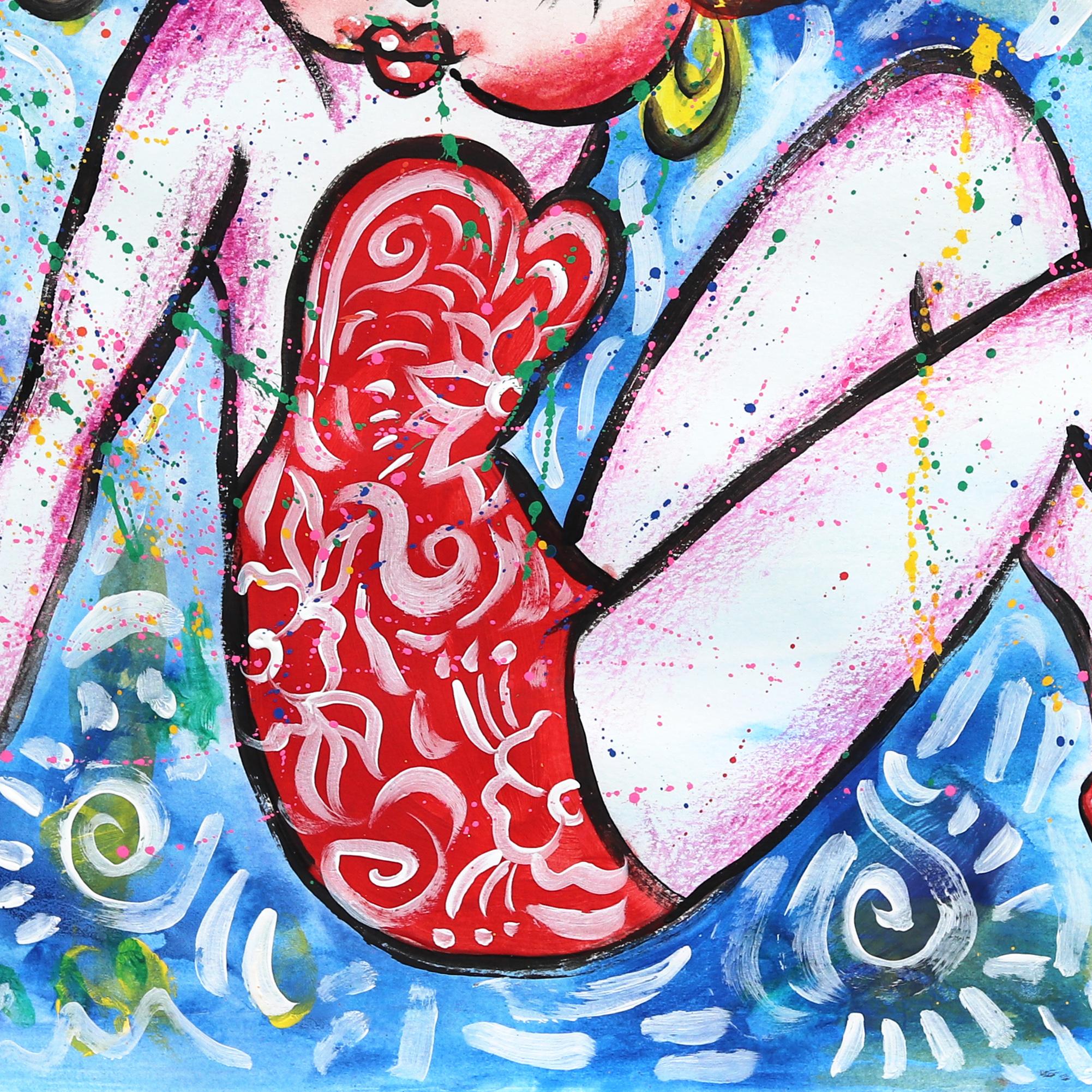 Betty Boop aus Kirschbaumholz – farbenfrohes abstraktes figuratives Cartoon-Gemälde auf Papier im Angebot 1