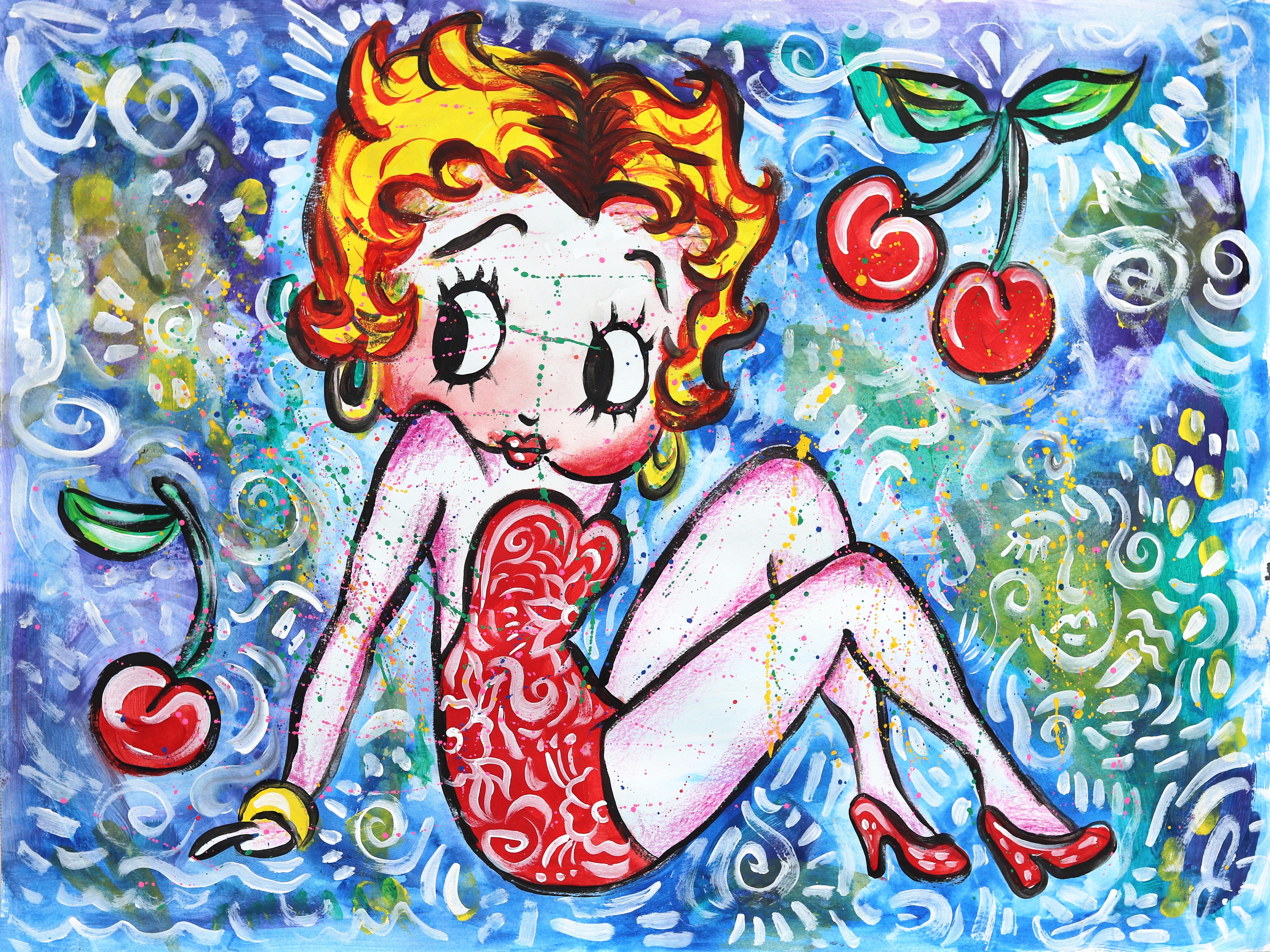 Cereza Betty Boop - Pintura abstracta figurativa de dibujos animados de colores sobre papel