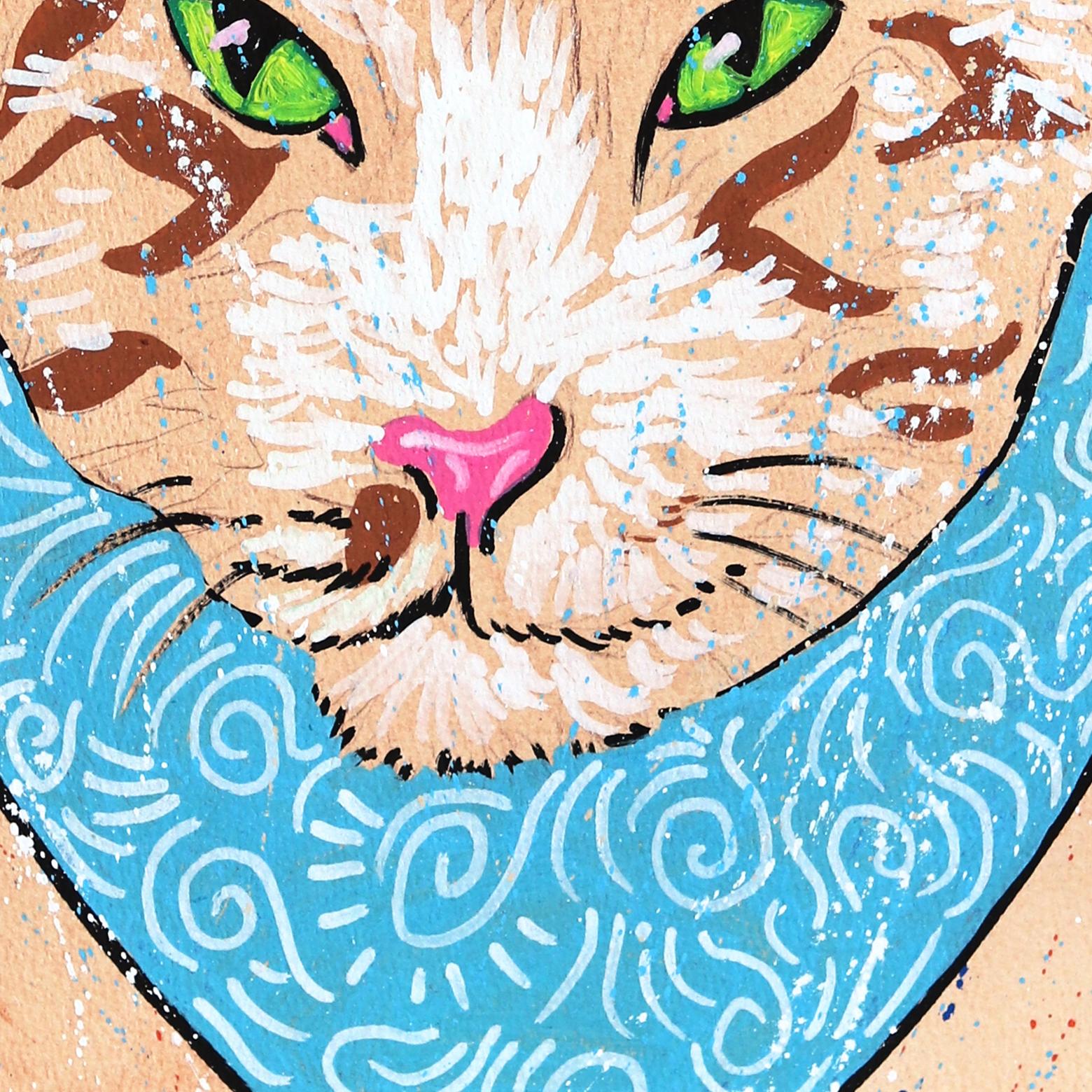 Cat cowboy - Peinture fantaisiste et colorée figurative d'animal occidental sur papier - Painting de Jesse Black