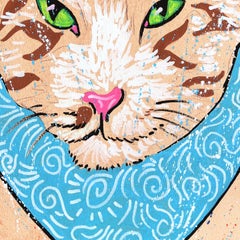 Gato vaquero - Caprichosa pintura figurativa colorista de animales del Oeste sobre papel