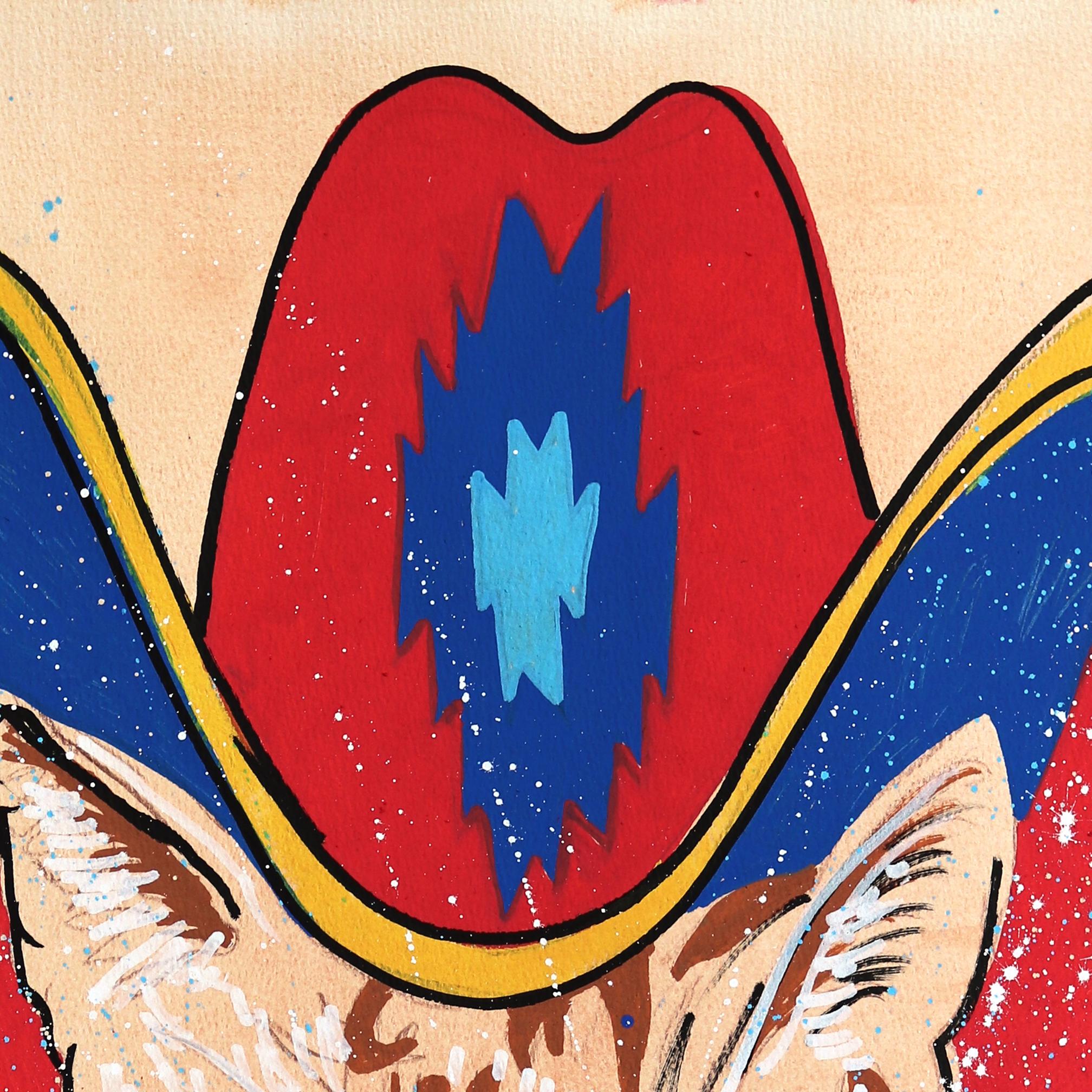 Cat cowboy - Peinture fantaisiste et colorée figurative d'animal occidental sur papier en vente 1