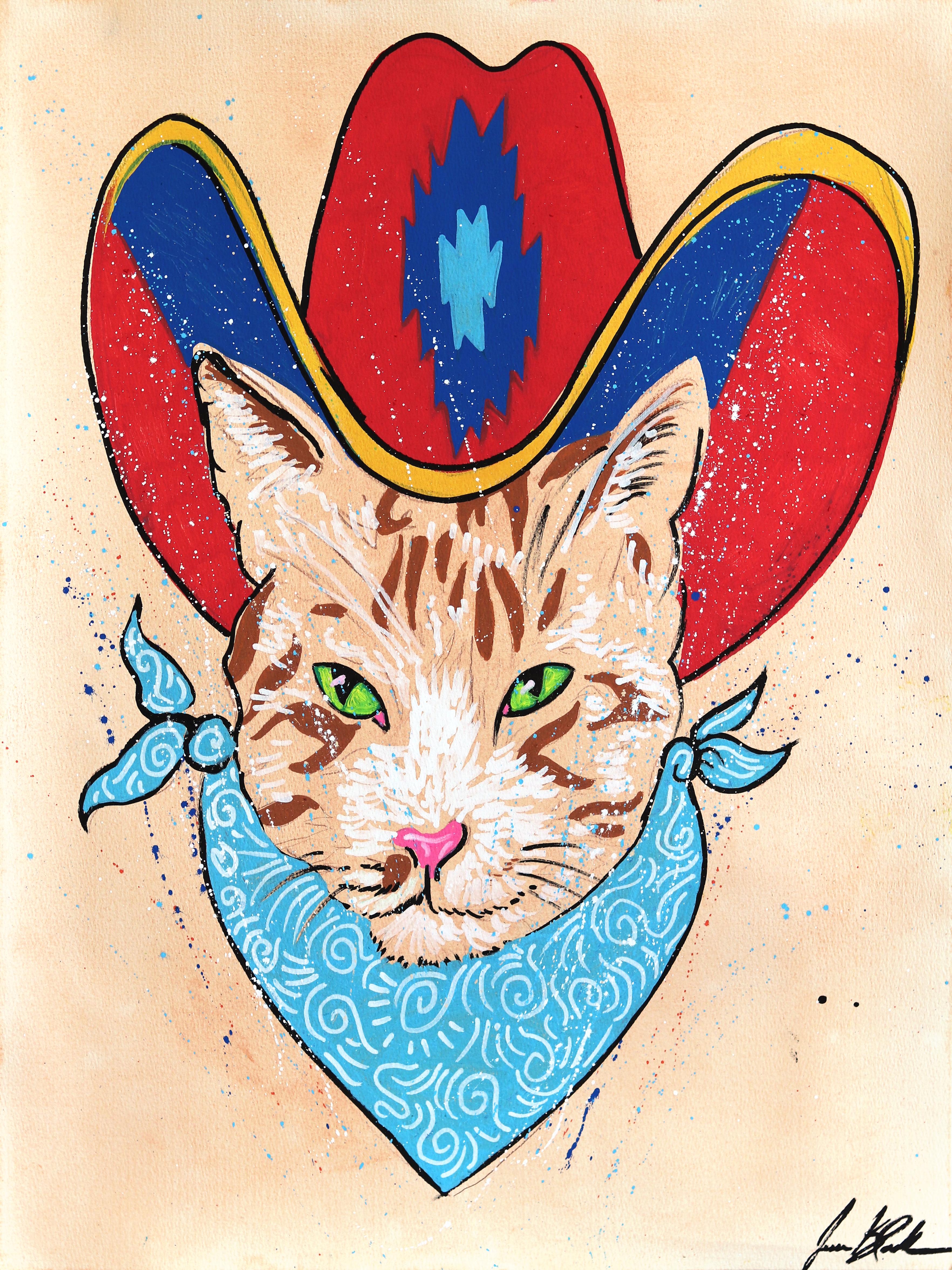 Gatto cowboy - Estroso e colorato dipinto su carta di animali occidentali