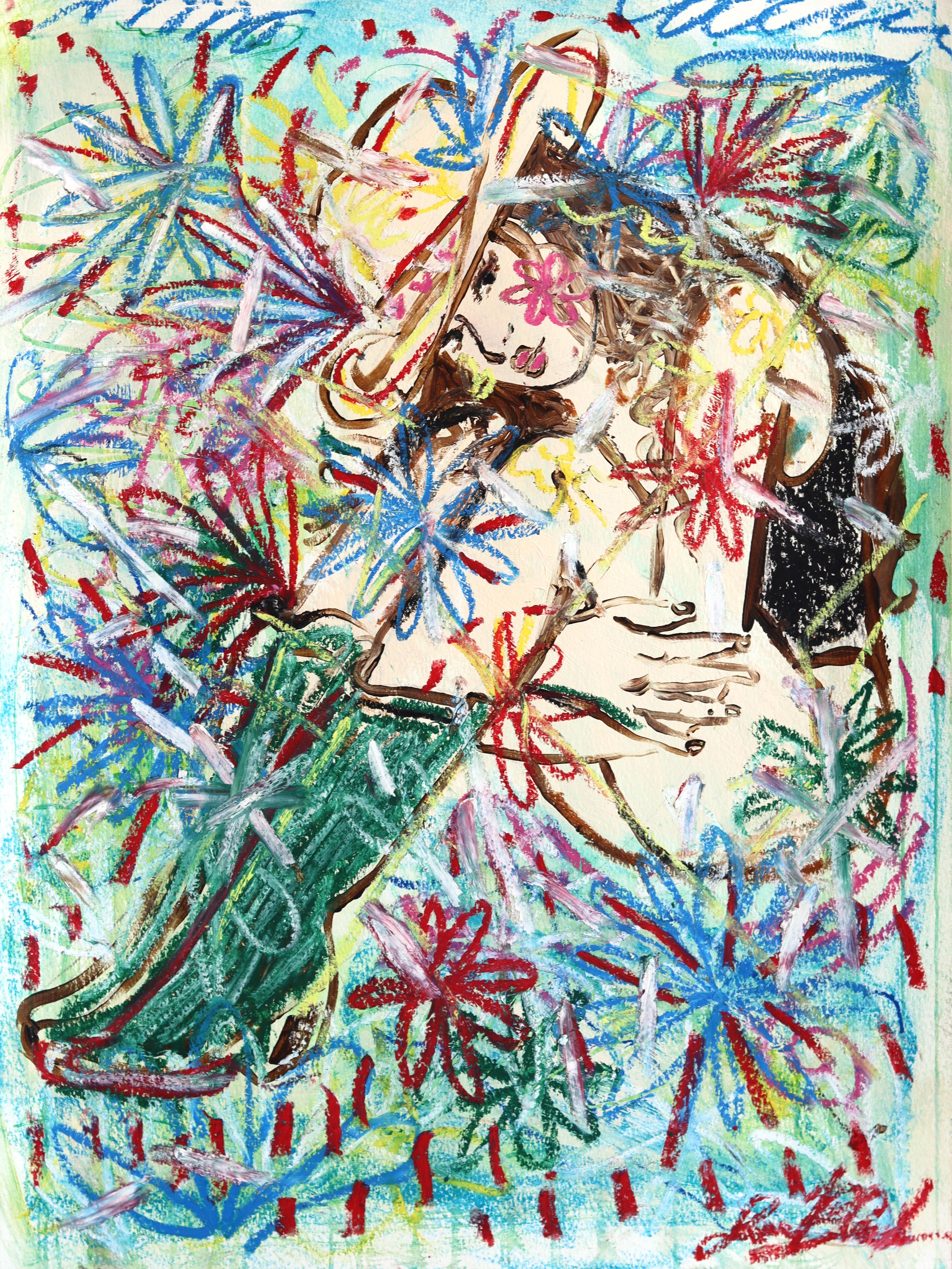 Cowgirl in Bloom - Figurative Pin Up Western Inspired Portrait Art on Paper