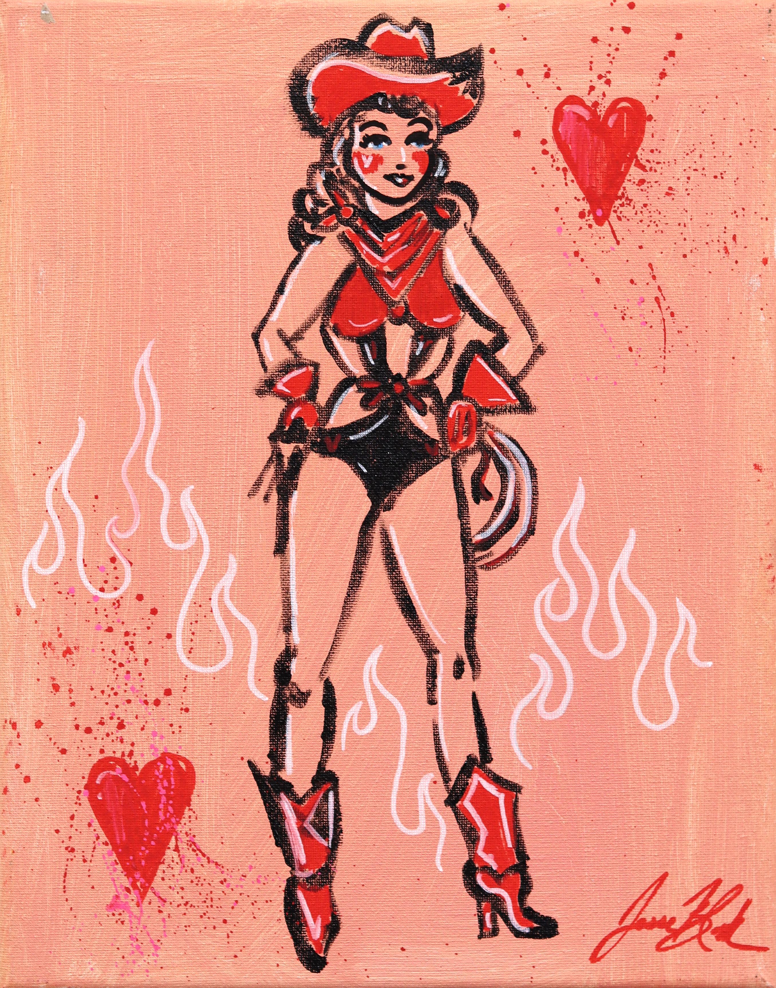 Jesse Black Portrait Painting - Cowgirl of Hearts - Pink Vintage Pinup Inspired Figurative Painting on Canvas