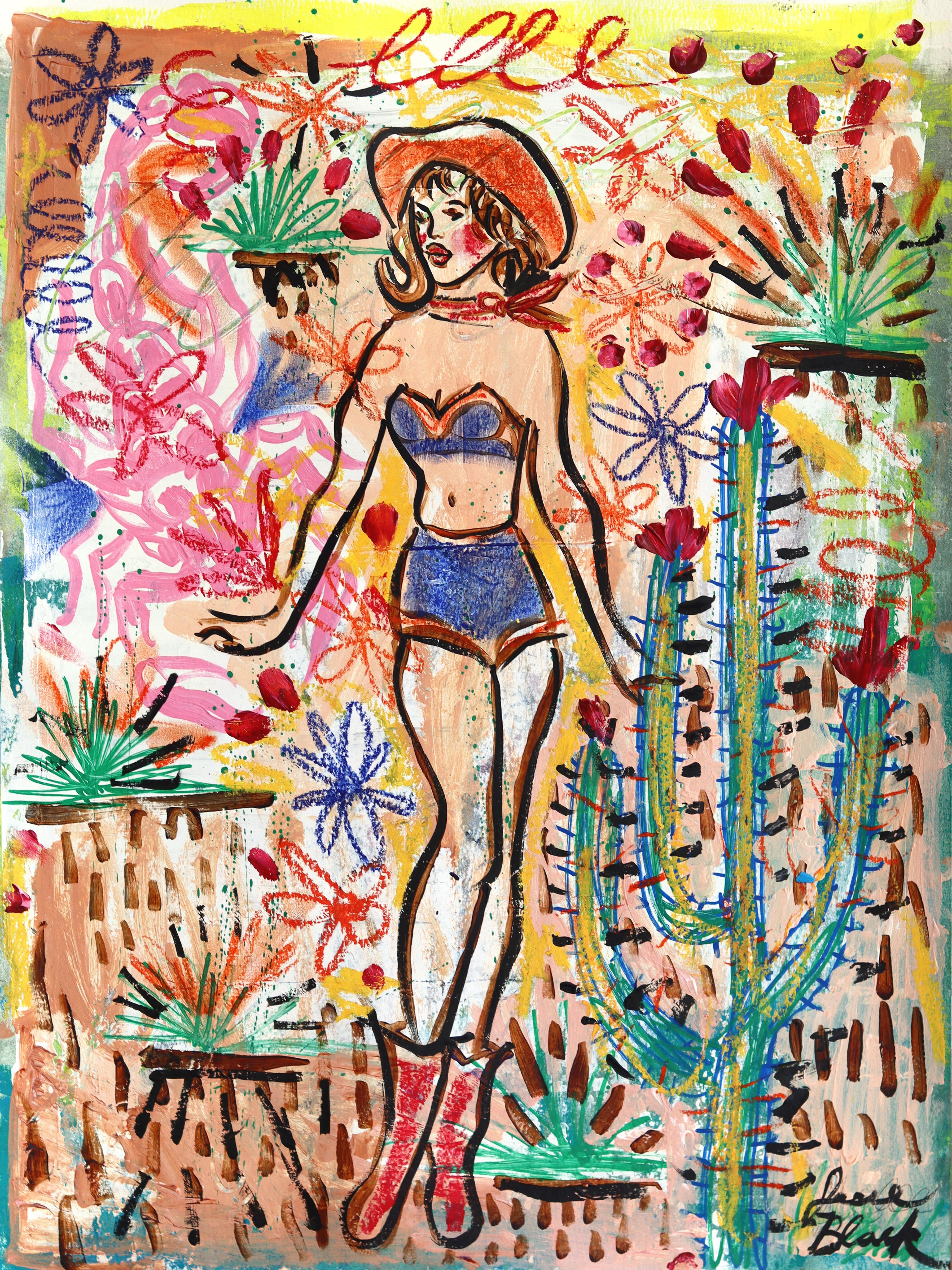 Desert Heartbreaker - Figurative Colorful Western Pinup Cowgirl Mixed Media Art