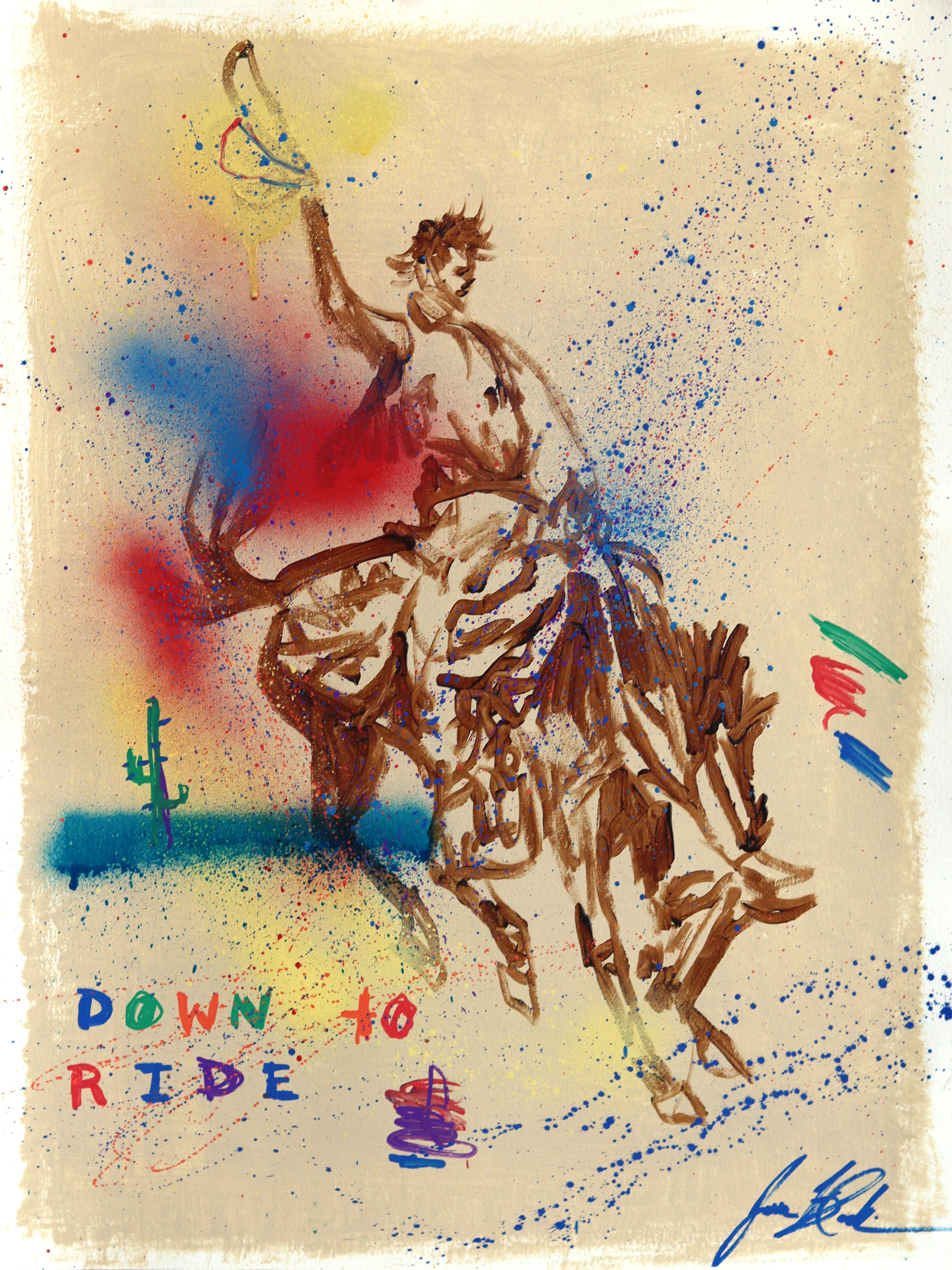 Down To Ride - Figurative Cowboy Western Inspired Mixed Media Artwork on Paper