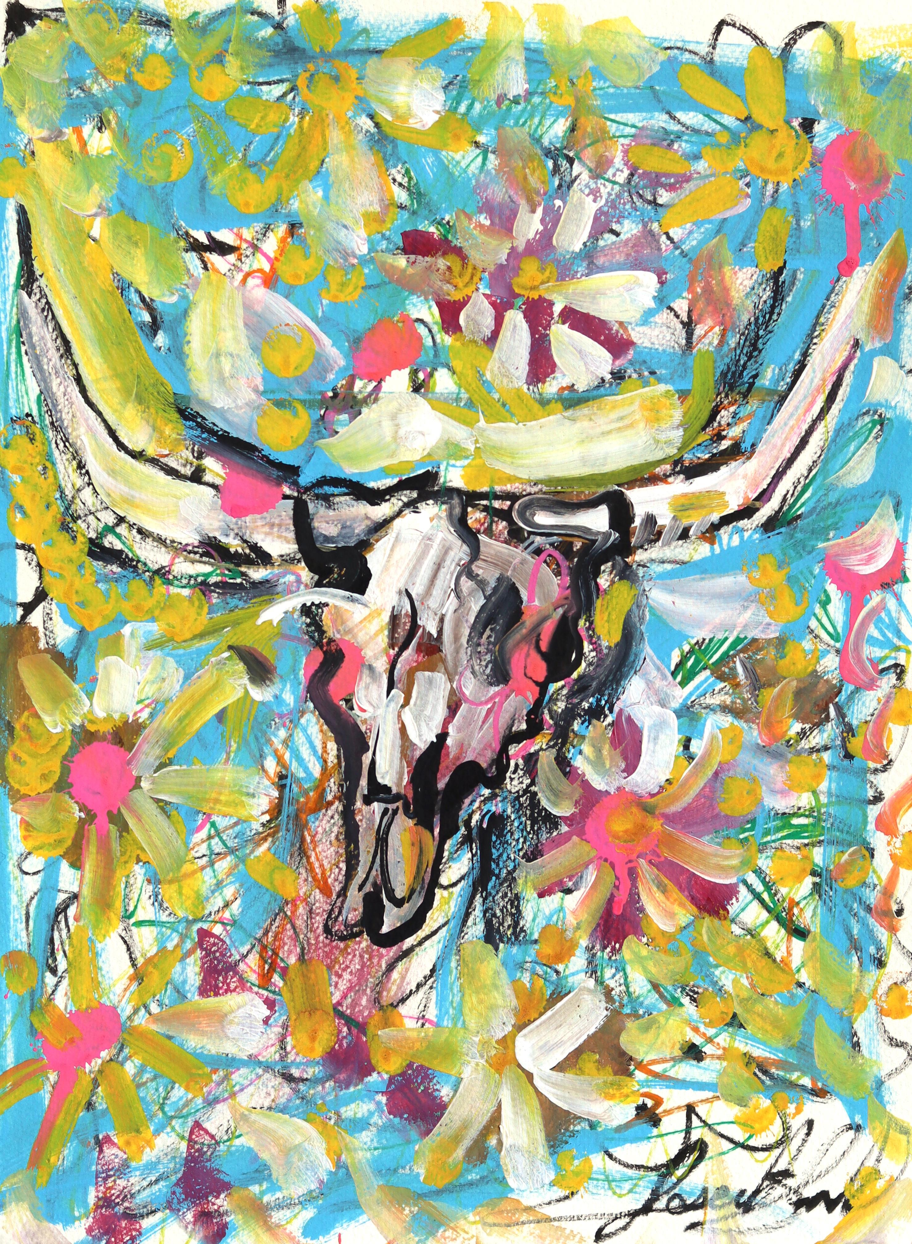 Flor de Muerte - Abstract Colorful Animal Skull Still Life Painting on Paper