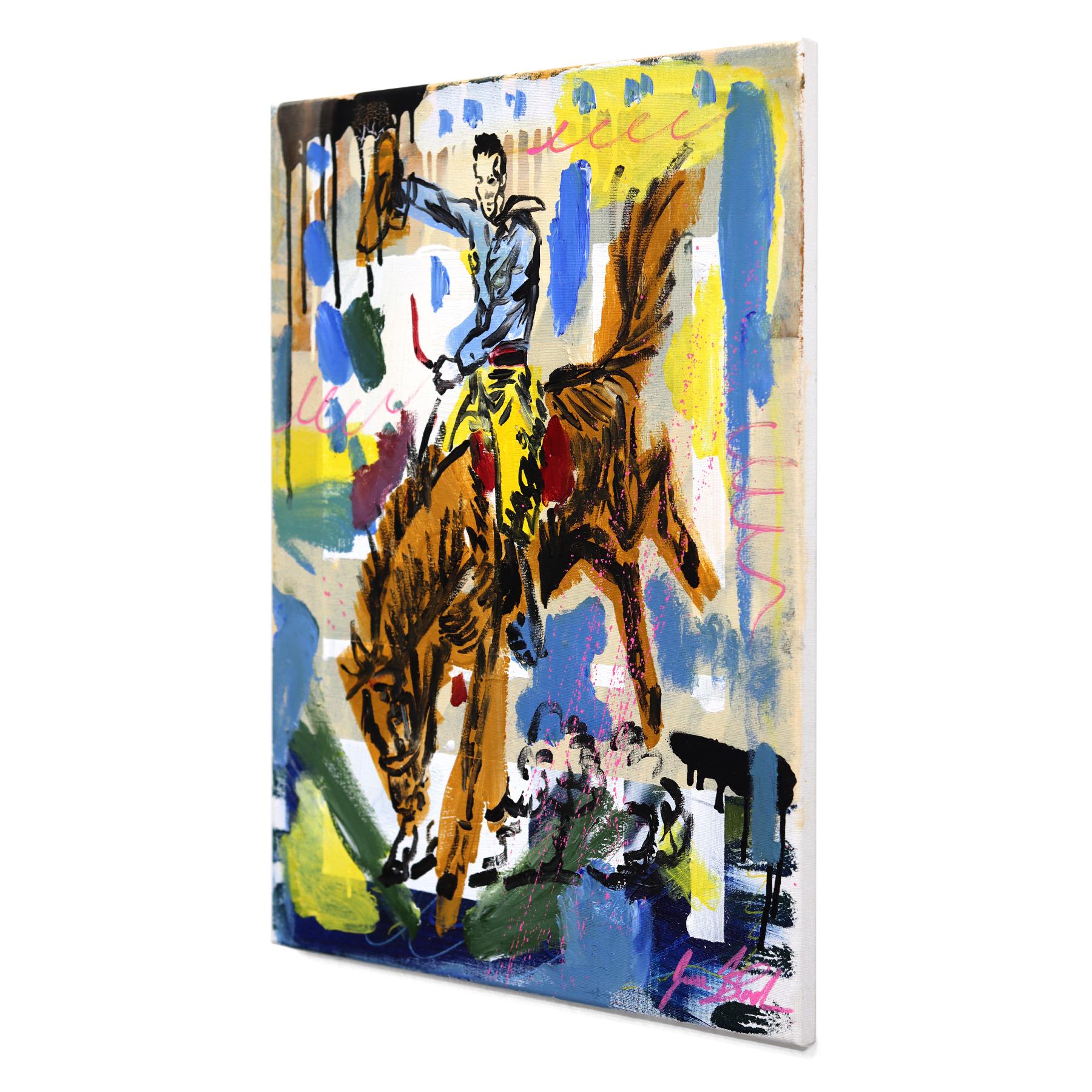 Hold On Tight - Figurative Colorful Western Inspired Cowboy Painting on Canvas en vente 1