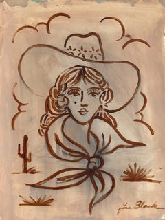 La Lumbre - Abstract Brown Tone Figurative Cowgirl Portrait Painting on Paper