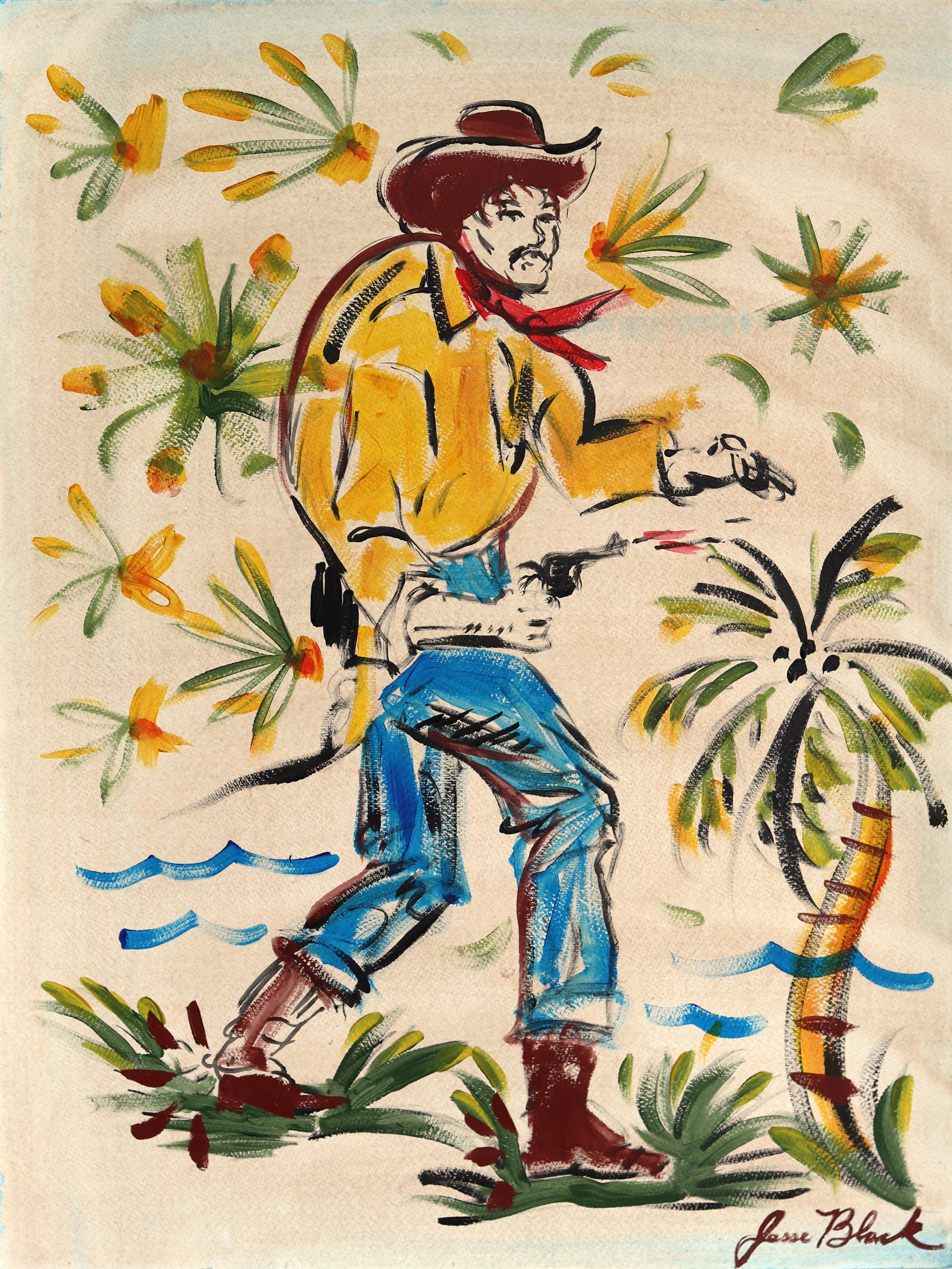 Last Draw - Abstract Vintage Inspired Figurative Cowboy Painting on Paper